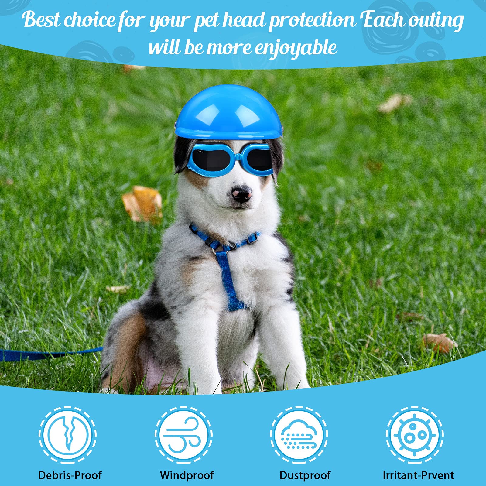 Small Dog Helmet Goggles Uv Protection Doggy Sunglasses Pet Dog Glasses Motorcycle Hard Safety Hat With Adjustable Belt Windproof Snowproof Eye Head Protection For Puppy Riding, S Size,S Size (Blue)