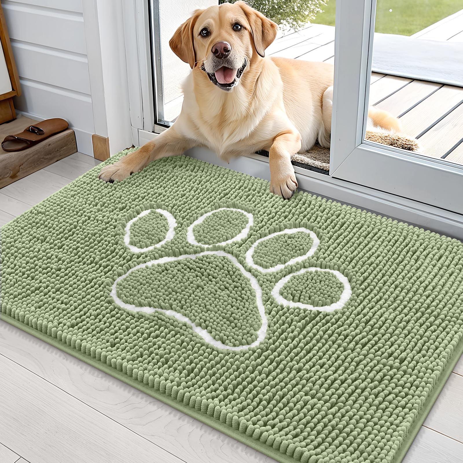 OLANLY Door Mat for Muddy Dog Paws 36x24, Ultra Absorbent Chenille Mud Doormat with Paw Print Design, Non-Slip Washable Doormat 