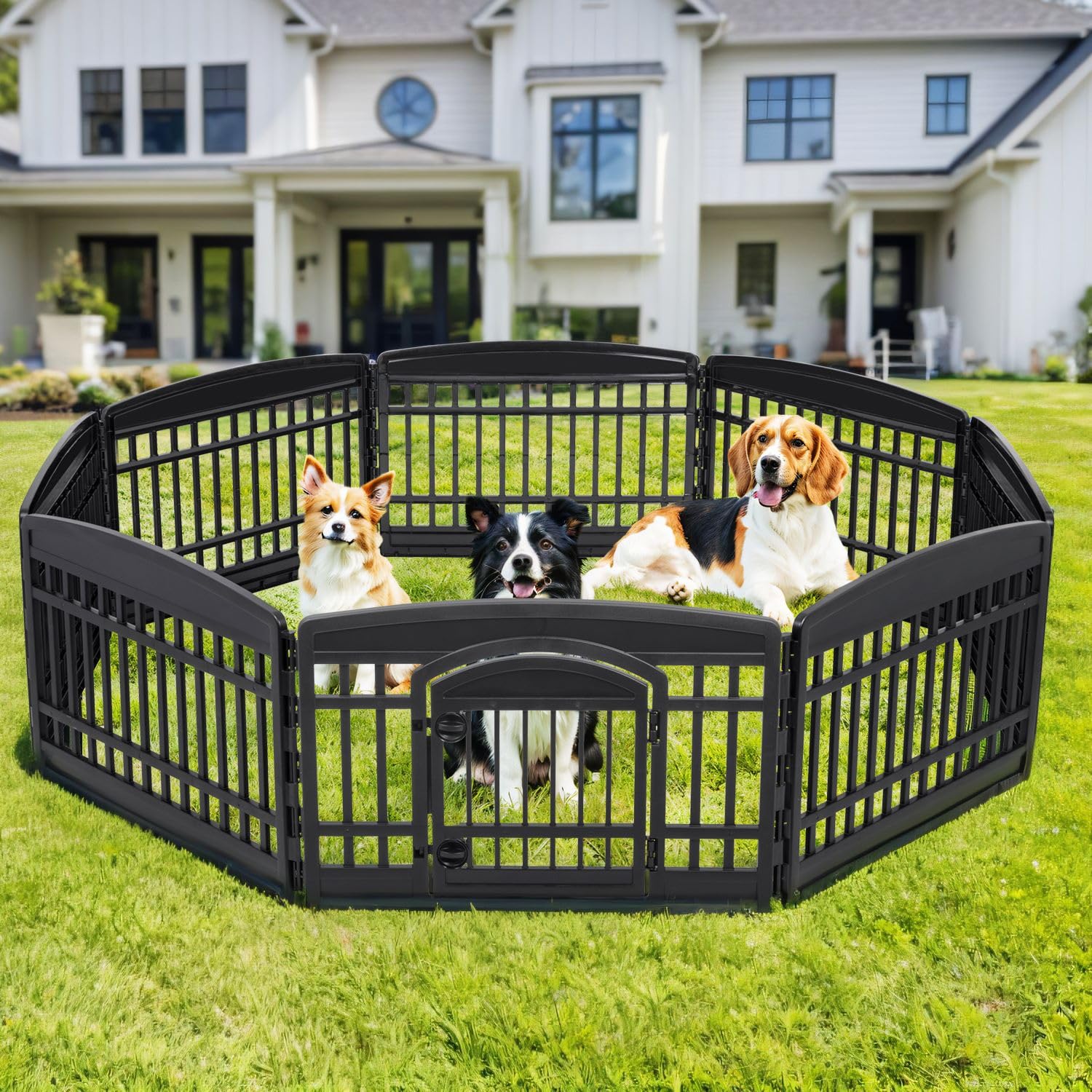 IRIS USA 24 8-Panel Pet Dog Puppy Playpen with Door, Indoor/Outdoor Dog Pen, 84 x 84 x 24, Foldable, Customizable, Black