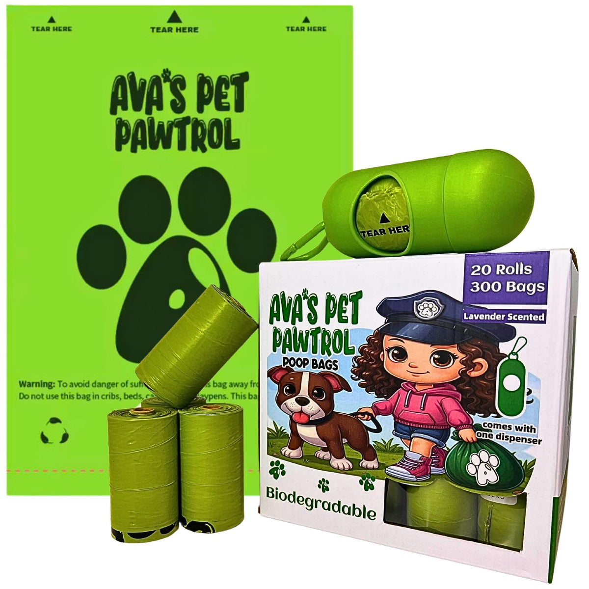 Avas Pet Pawtrol Dog Poop Bags Rolls W/Dispenser - 300 Biodegradable, Extra Thick, Leakproof, Heavy Duty Poop Bags For Dogs, Lav