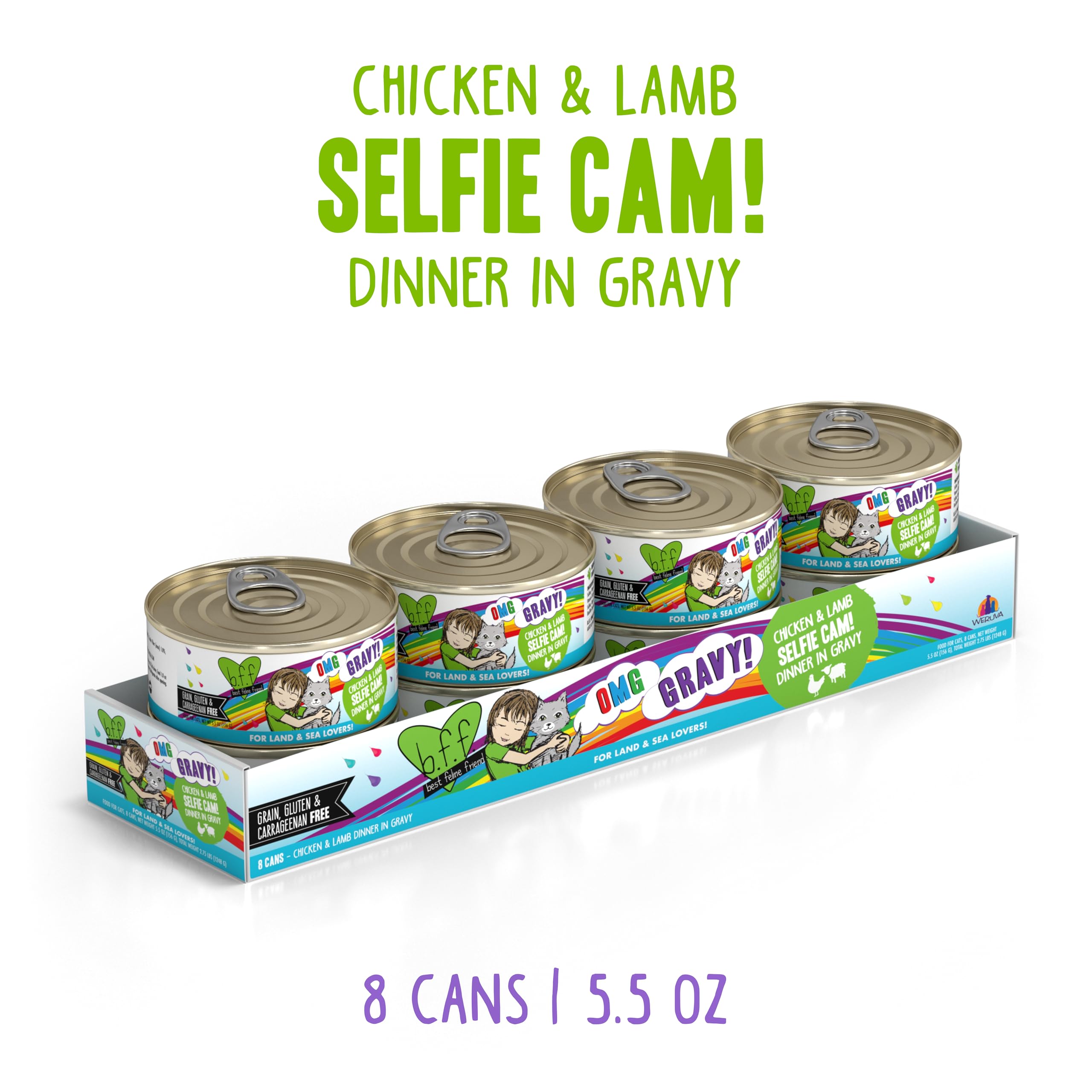 Weruva B.F.F. OMG - Best Feline Friend Oh My Gravy!, Selfie Cam! with Chicken & Lamb in Gravy Cat Food, 5.5oz Can (Pack of 8)