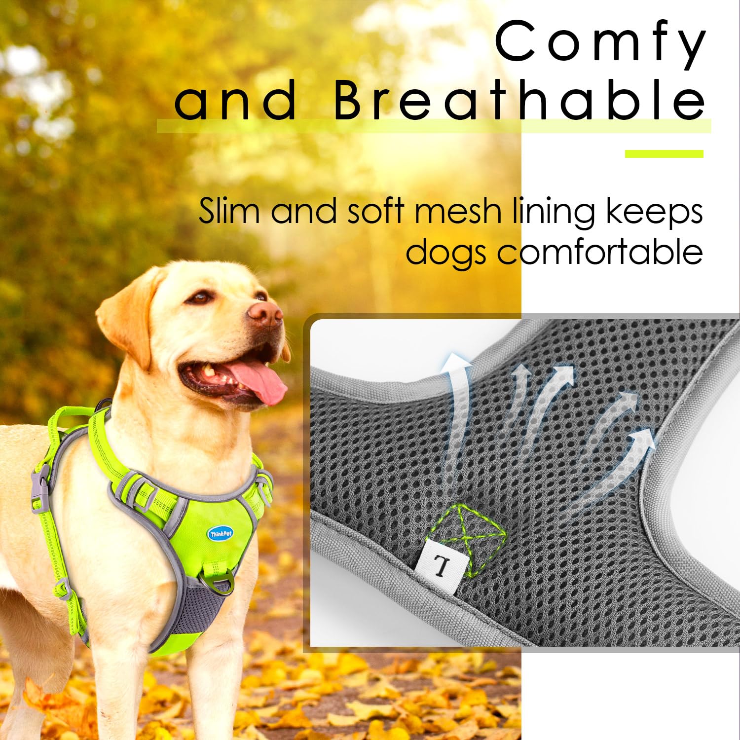 ThinkPet No Pull Harness Breathable Sport Harness with Handle-Dog Harnesses Reflective Adjustable for Medium Large Dogs,Back/Fro