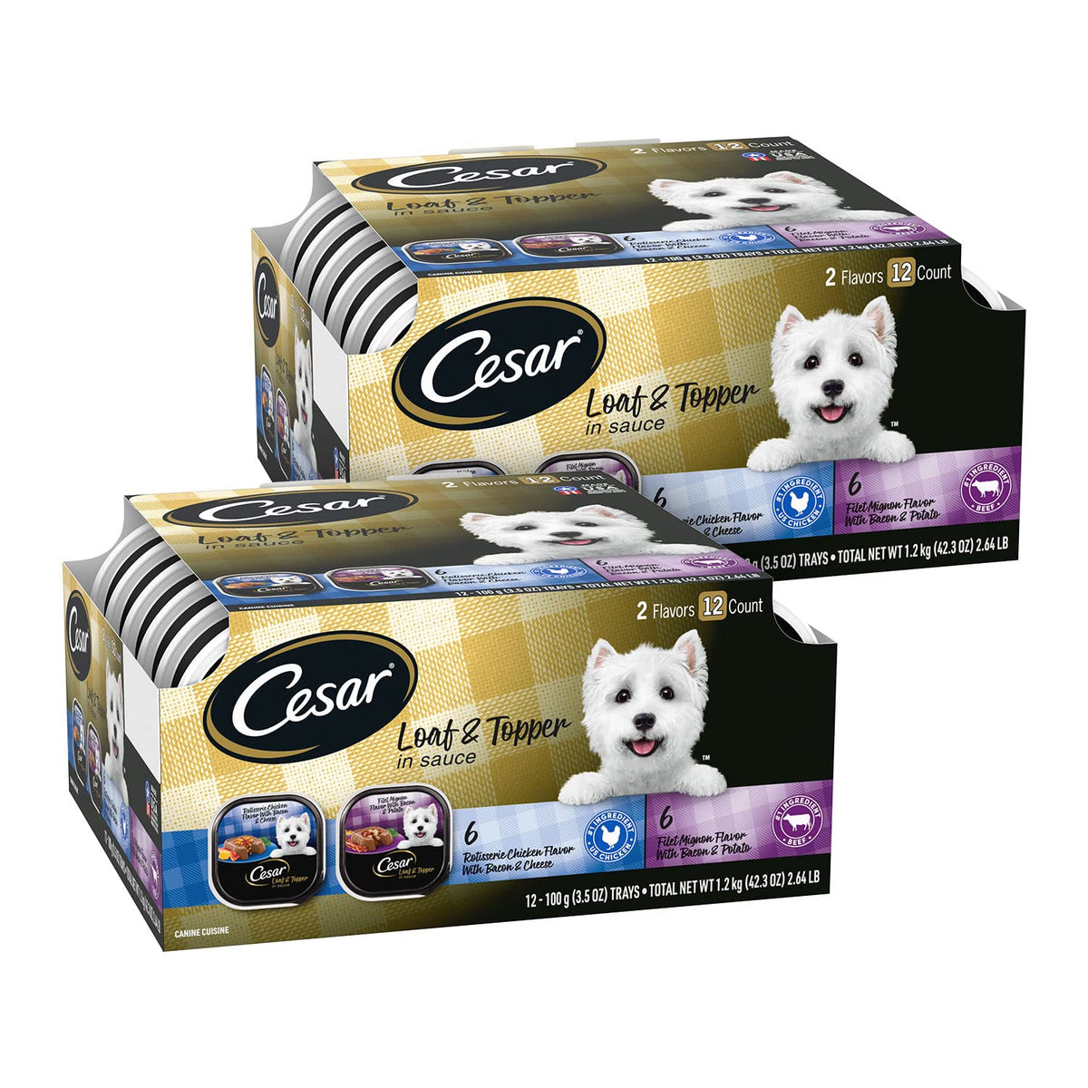 Cesar Soft Wet Dog Food Loaf In Sauce Rotisserie Chicken Flavor With Bacon & Cheese And Filet Mignon Flavor With Bacon & Potato Variety Pack, (12) 3.5 Oz. Easy Peel Trays, Pack Of 2