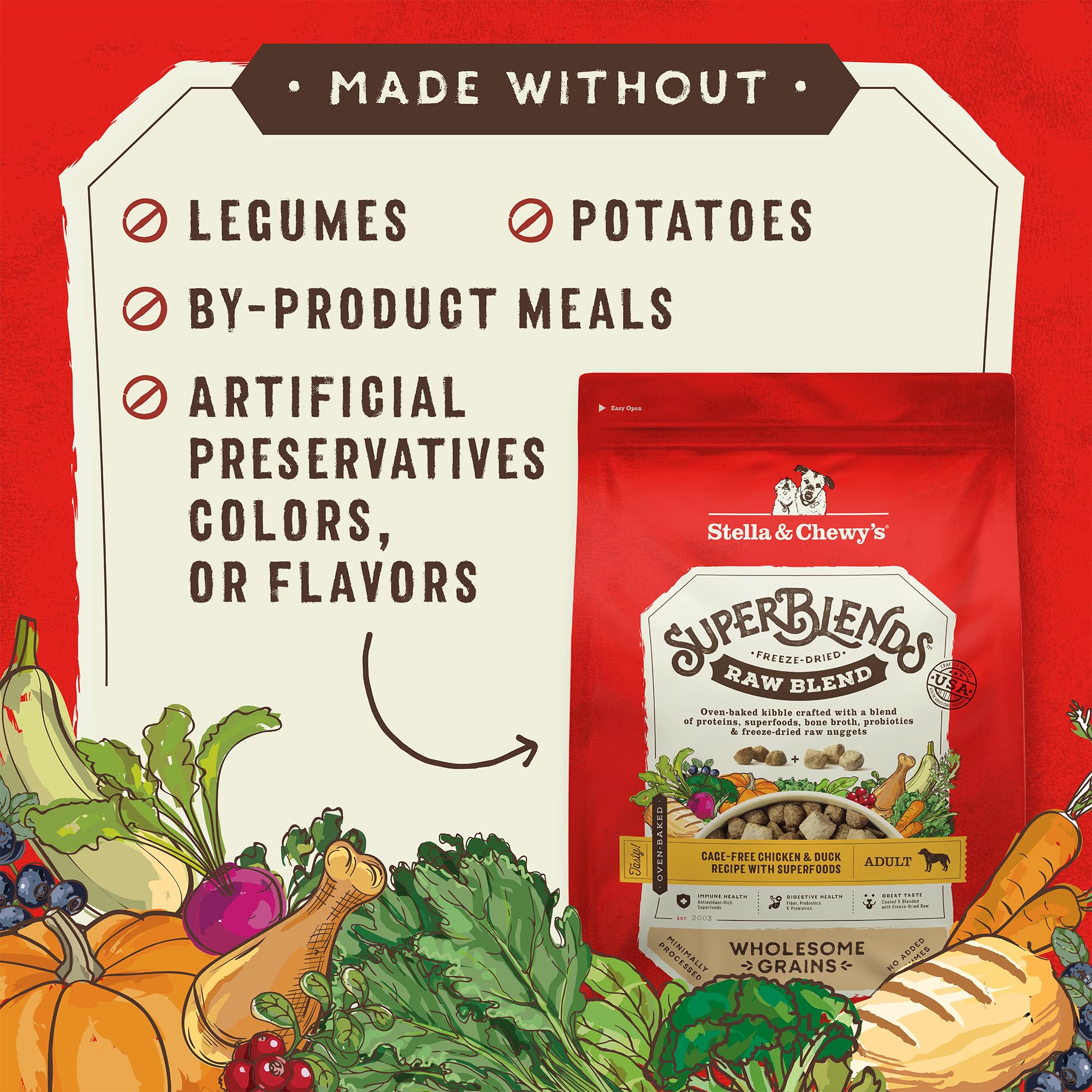 Stella & Chewys SuperBlends Raw Blend Wholesome Grains Cage-Free Chicken & Duck Recipe with Superfoods, 21 lb. Bag