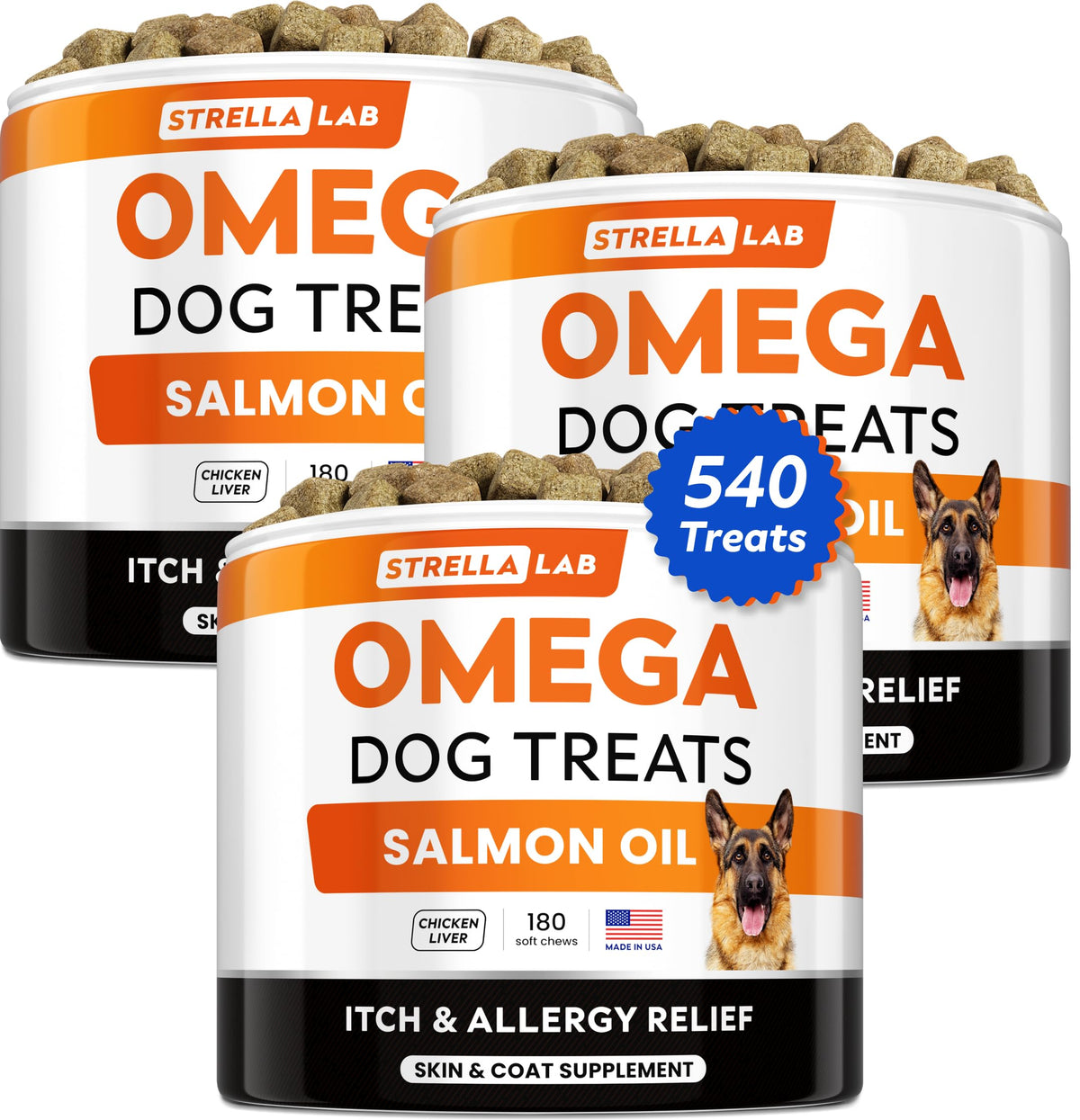 Strellalab Omega 3 For Dogs - (540Ct) Fish Oil Treats - Allergy & Itch Relief Skin & Coat Supplement - Dry Itchy Skin, Anti Shedding & Hot Spots Treatment - Pet Salmon Oil Chews - Chicken Liver Flavor