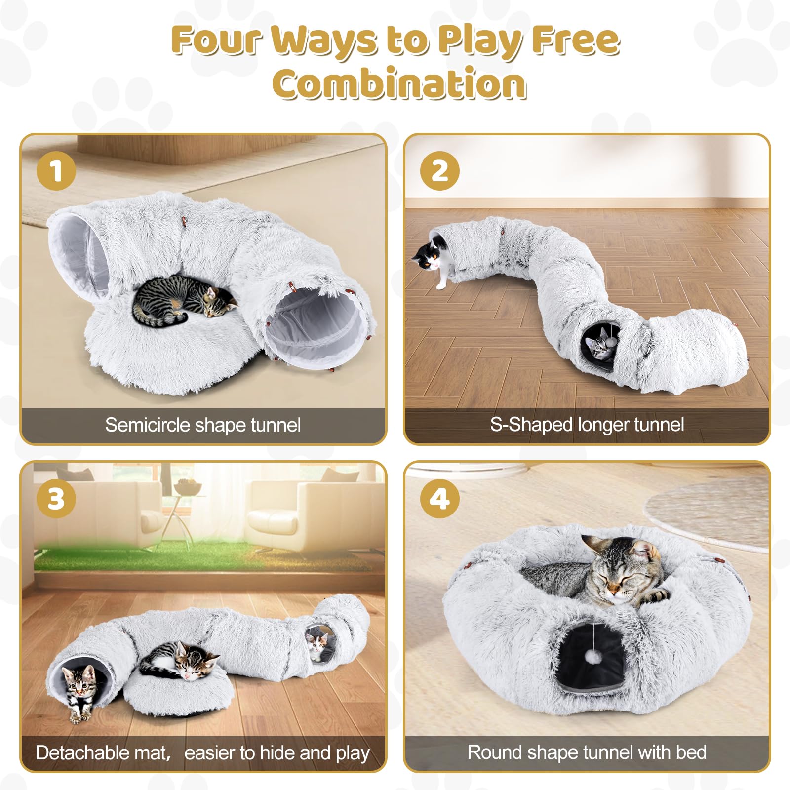 Odoland Cat Tunnel Bed With 20 Cat Toys - Indoor Plush Kitten Couch, Detachable Cats Cave Donut Tunnel & Soft Kitten Toy Set - C