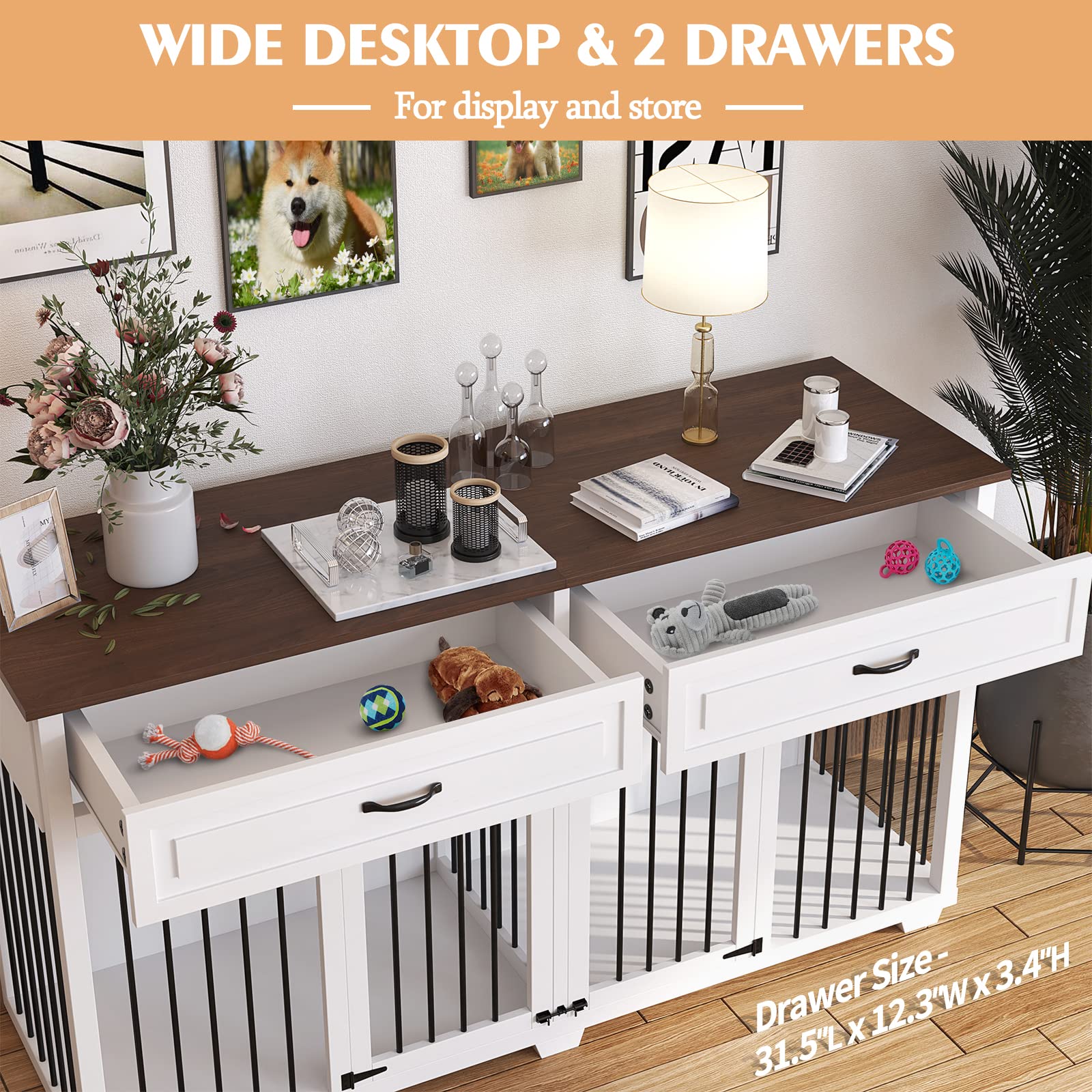 PIAOMTIEE Dog Crate Furniture, 72.4 Inch Wooden Indoor Dog Kennel Cage House, Modern Decorative End Table with Double Rooms, 2 D