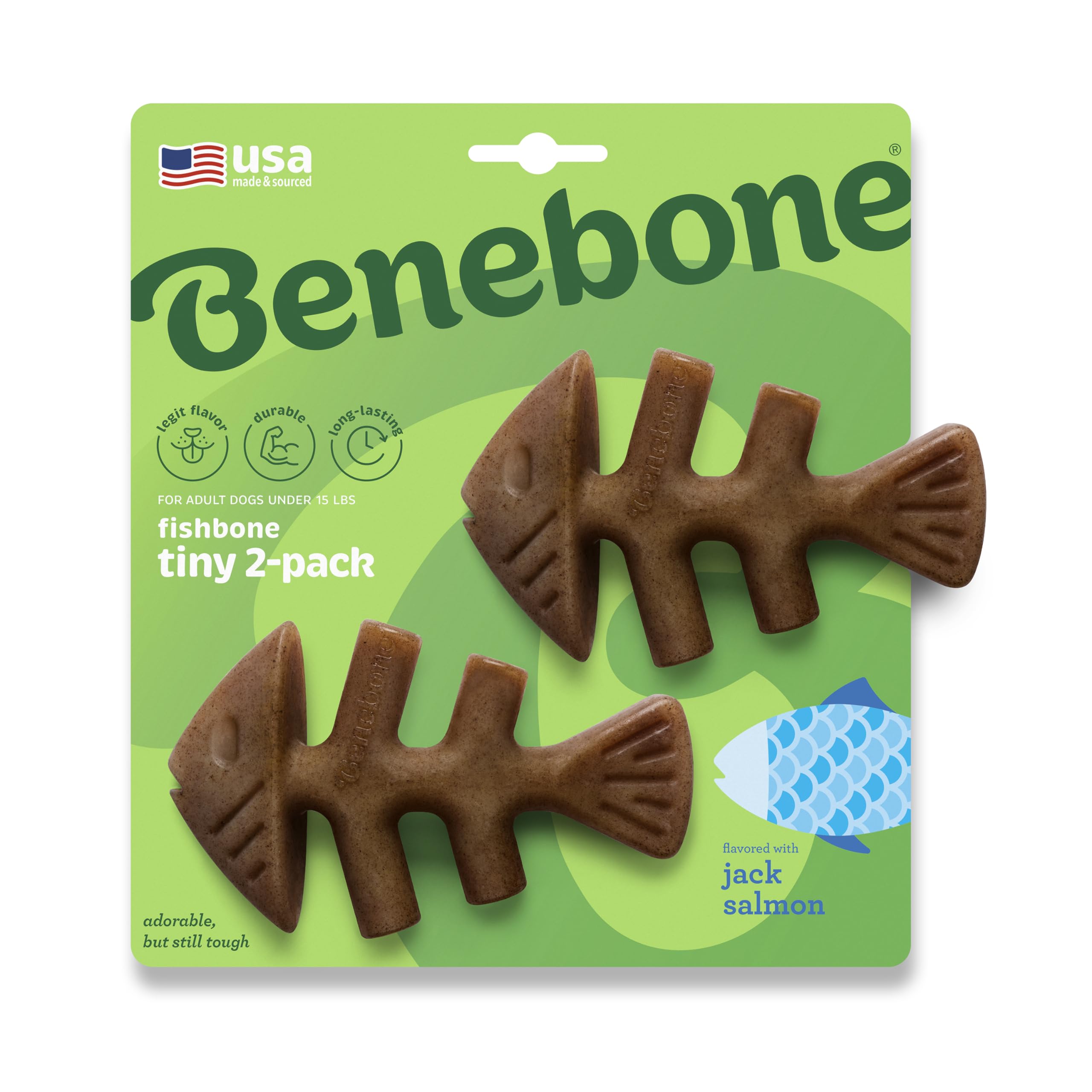 Benebone Tiny 2-Pack Fishbone Durable Dog Chew Toys, Real Fish Flavor, Made In Usa