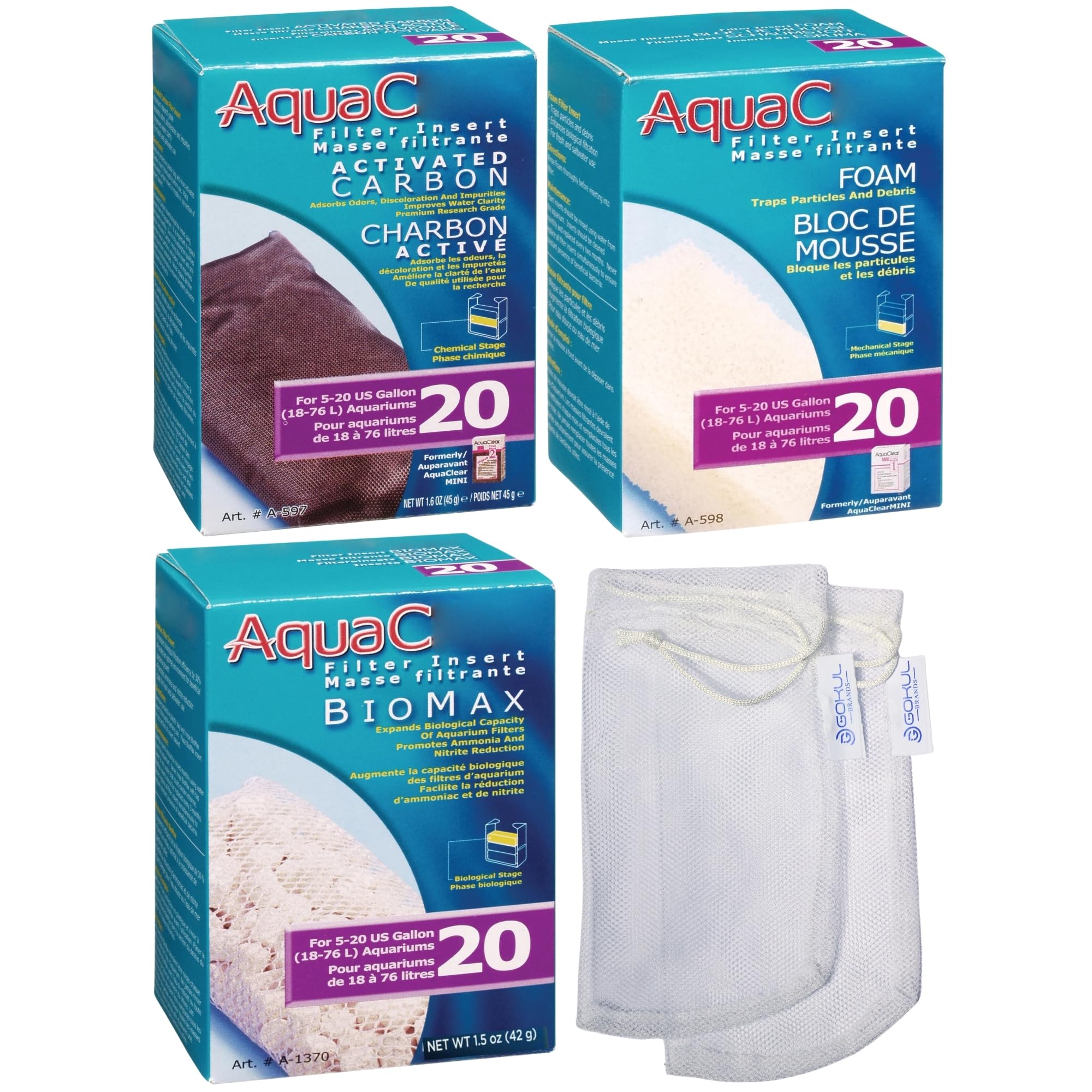 Gokul Brands Aquaclear 20 Hob Maintenance & Replacement Filter Media Kit, Including Gokul Brands Mesh Bags (Aquaclear Activated 