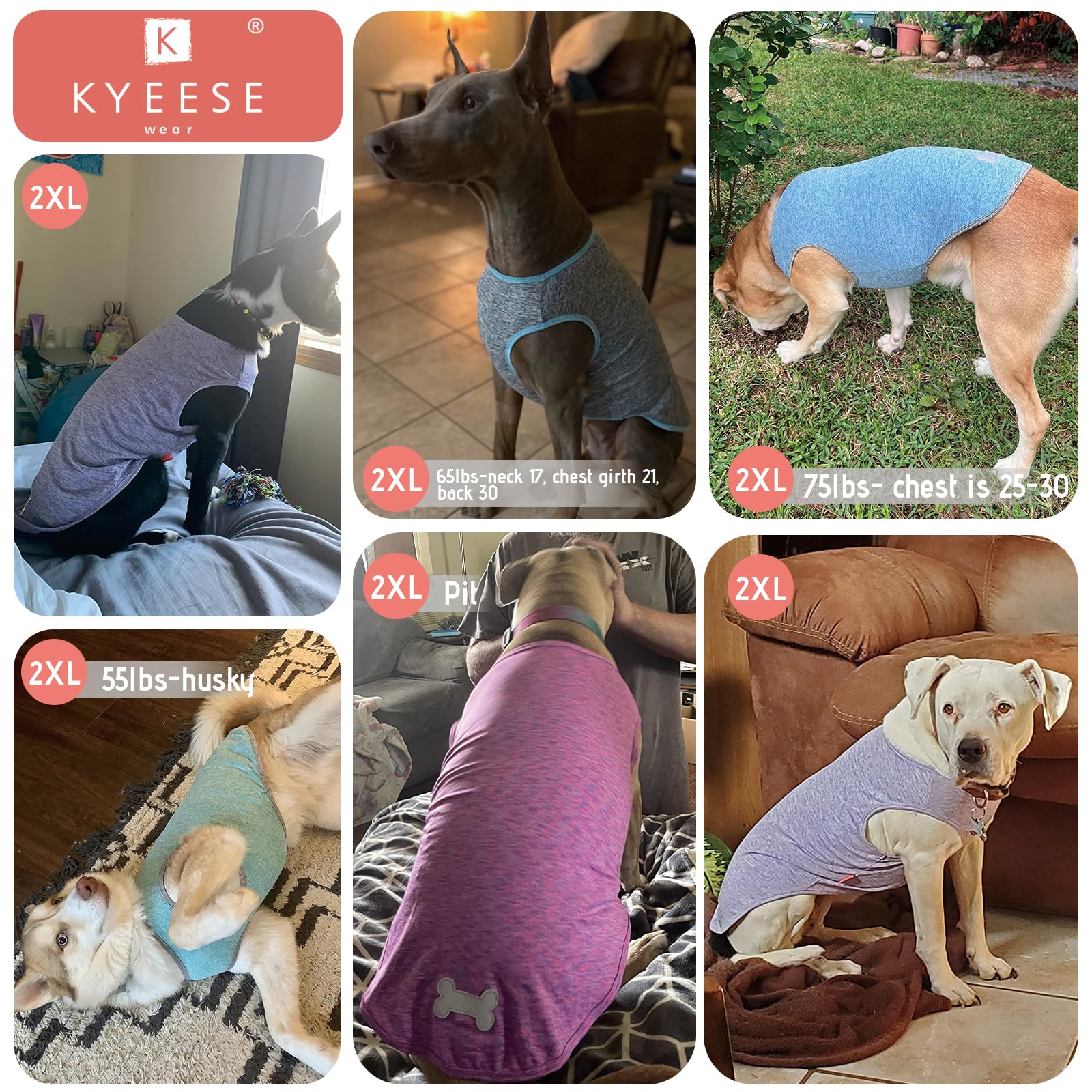 Kyeese 2 Pack Dog Shirts Quick Dry Soft Stretchy Dog T-Shirts With Reflective Label Tank Top Sleeveless Vest Sun Protection Pet