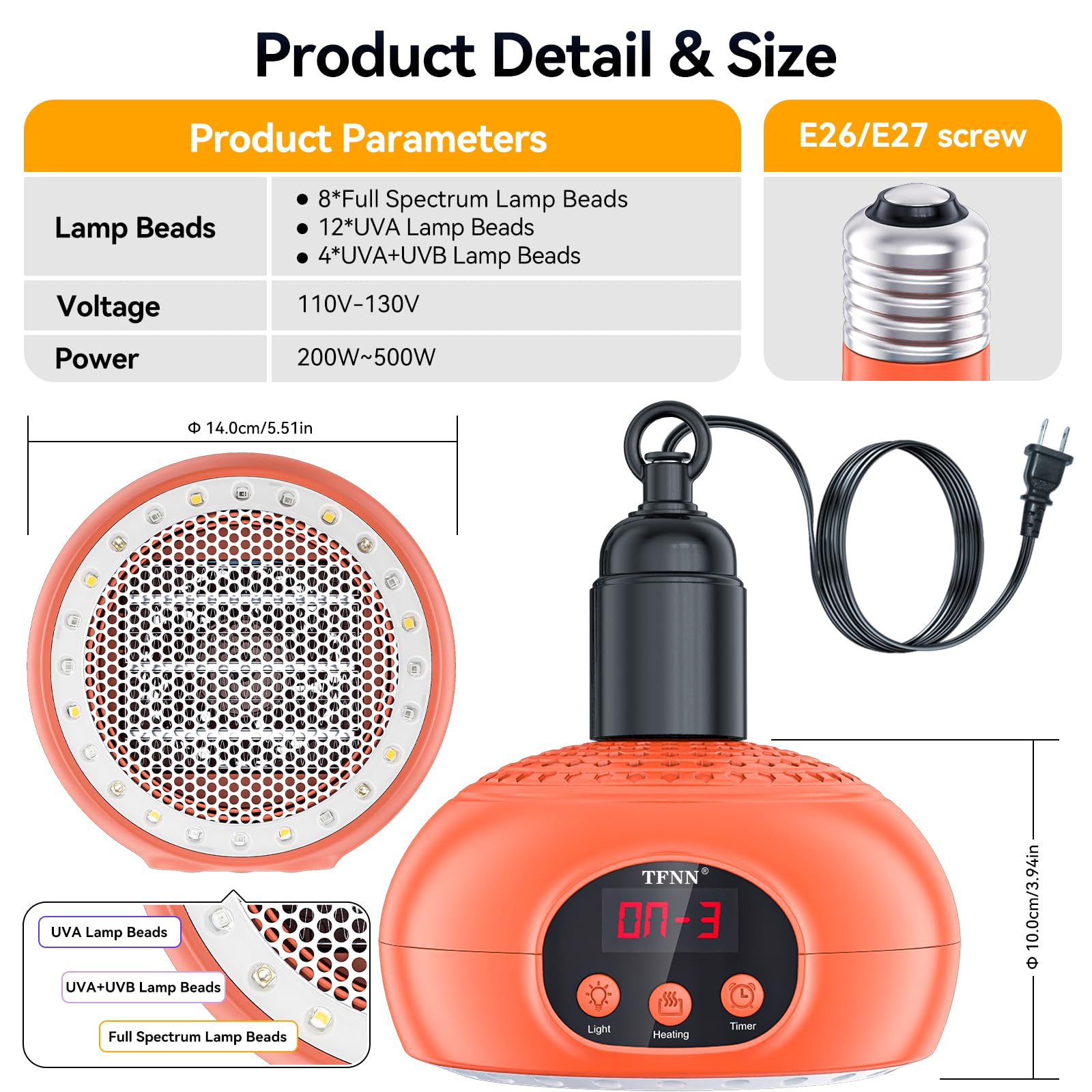 Tfnn Chicken Coop Heater Lamps,200W-350W-500W Reptile Heating Lamp Upgraded With Uva Uvb Ligh 3-6-9-12H Timer,Protable Greenhous