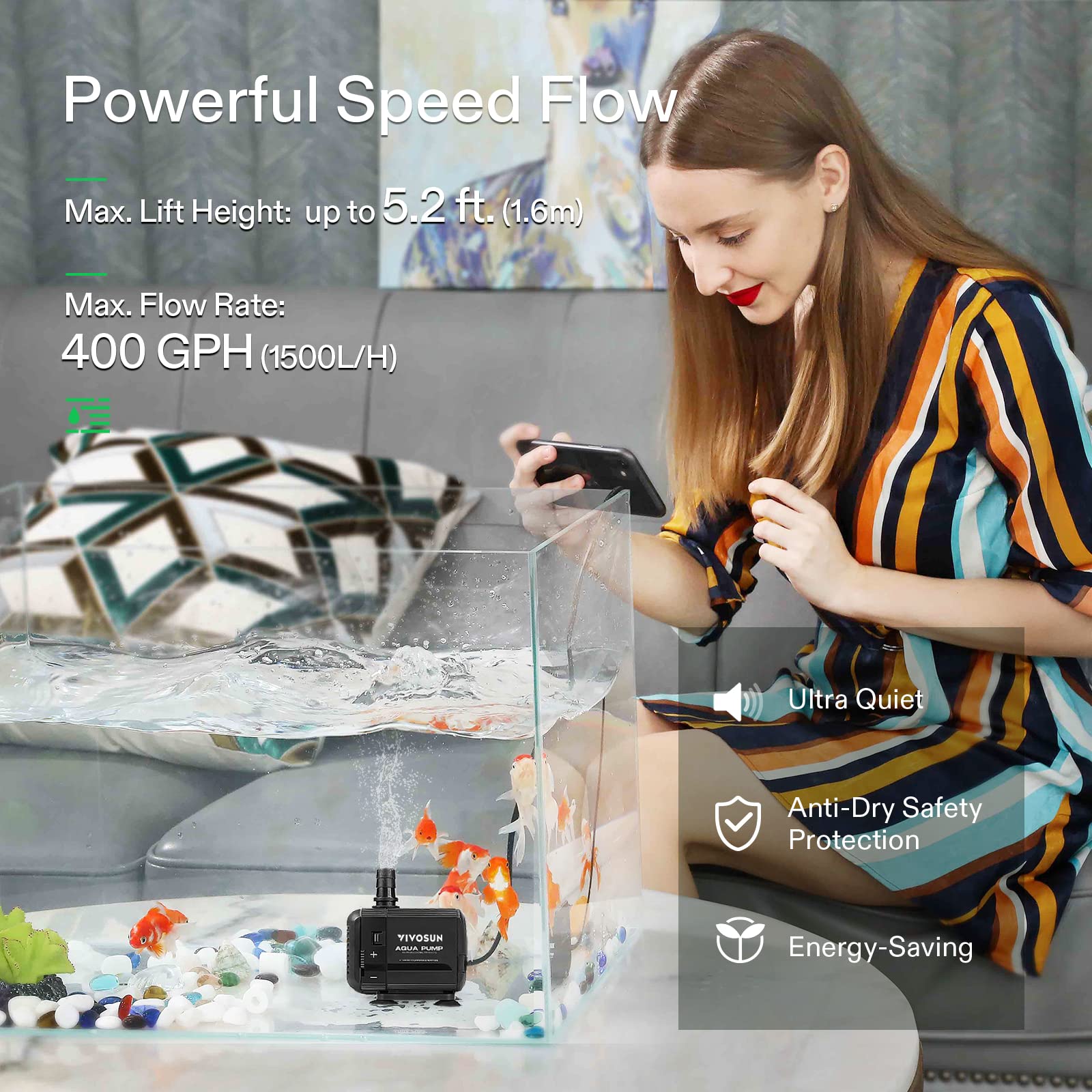 Vivosun 400Gph Submersible Pump(1500L/H, 15W), Ultra Quiet Water Pump With 5.2Ft High Lift, Fountain Pump With 5Ft Power Cord, 3 Nozzles For Fish Tank, Pond, Aquarium, Statuary, Hydroponics