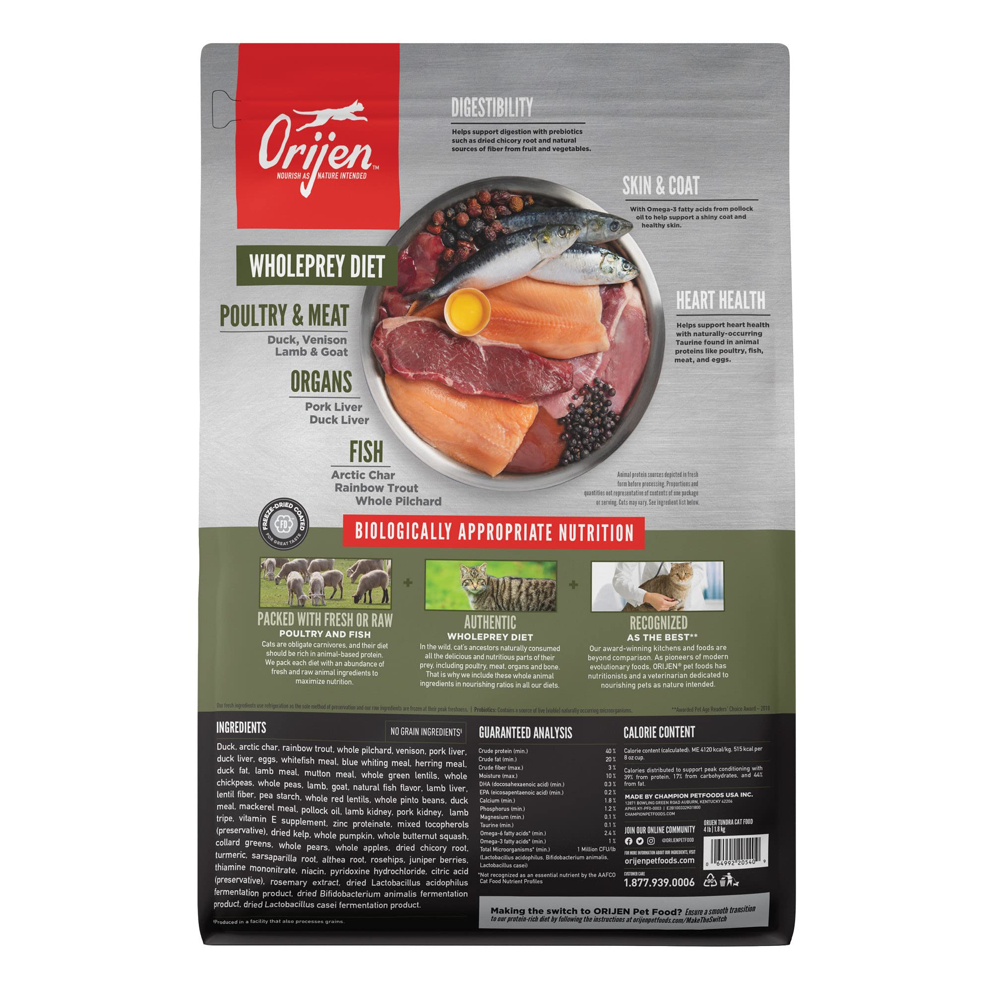 ORIJEN Tundra Dry Cat Food, Grain Free, WholePrey Diet, 4lb, Green