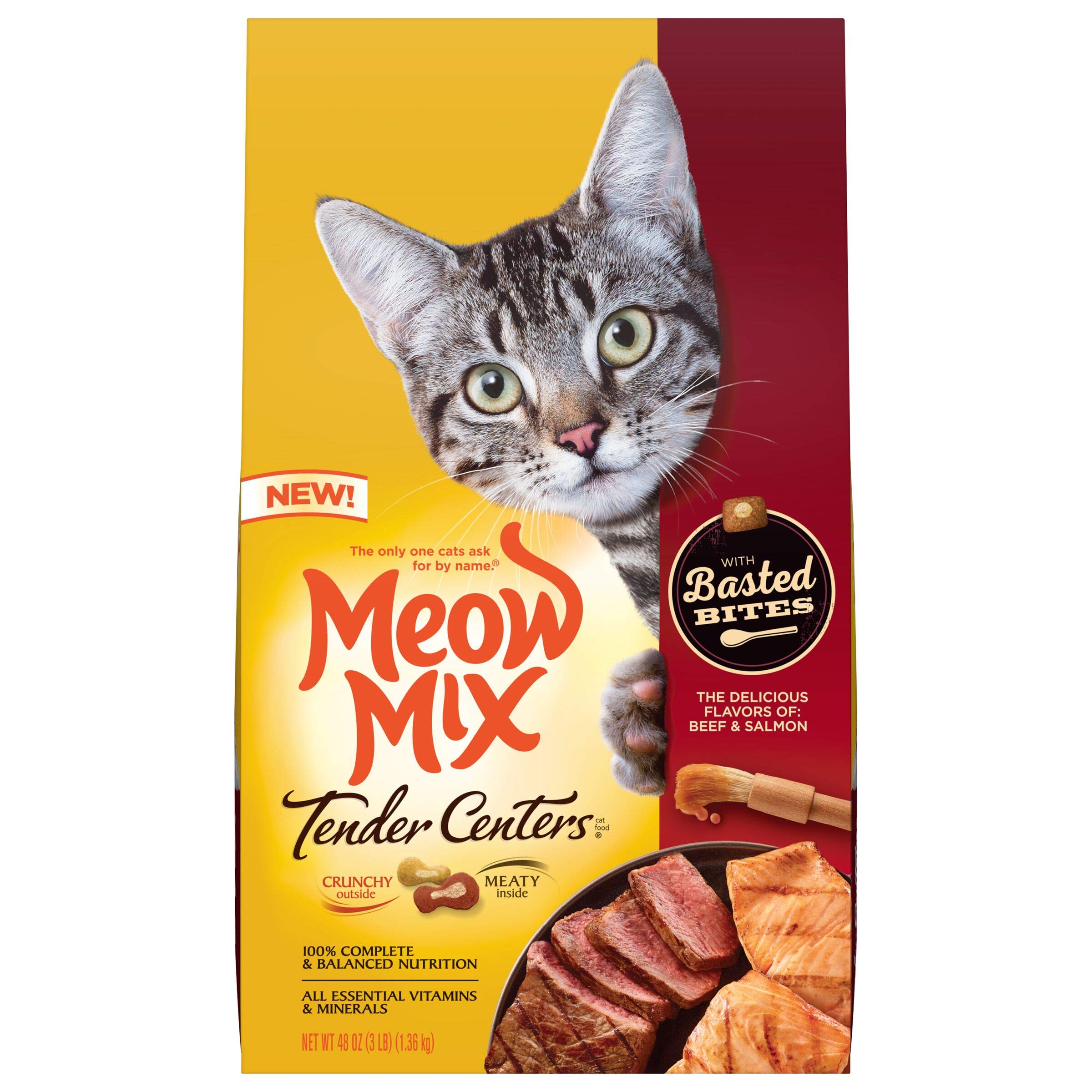 Meow Mix Tender Centers Basted Bites Dry Cat Food, Beef & Salmon Flavors, 3 Pound (Pack of 4), Crunchy Outside Meaty Inside