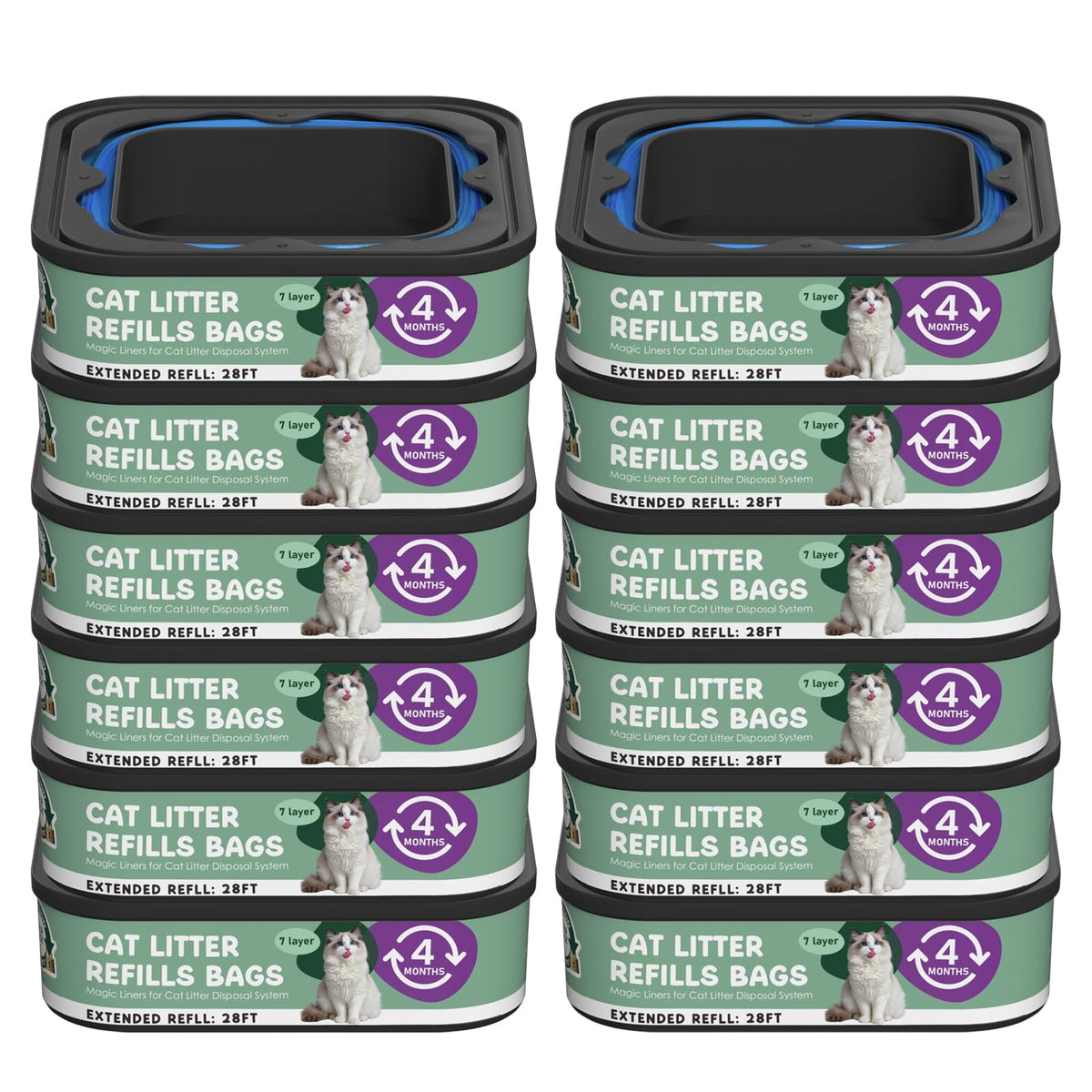 Jumbo Cat Litter Refill Bags Cartridge 28Ft 12 Pack, Compatible With Litter Cat Genie Standard, Plus, Xl, Xl+ Pail Refills, 7-La