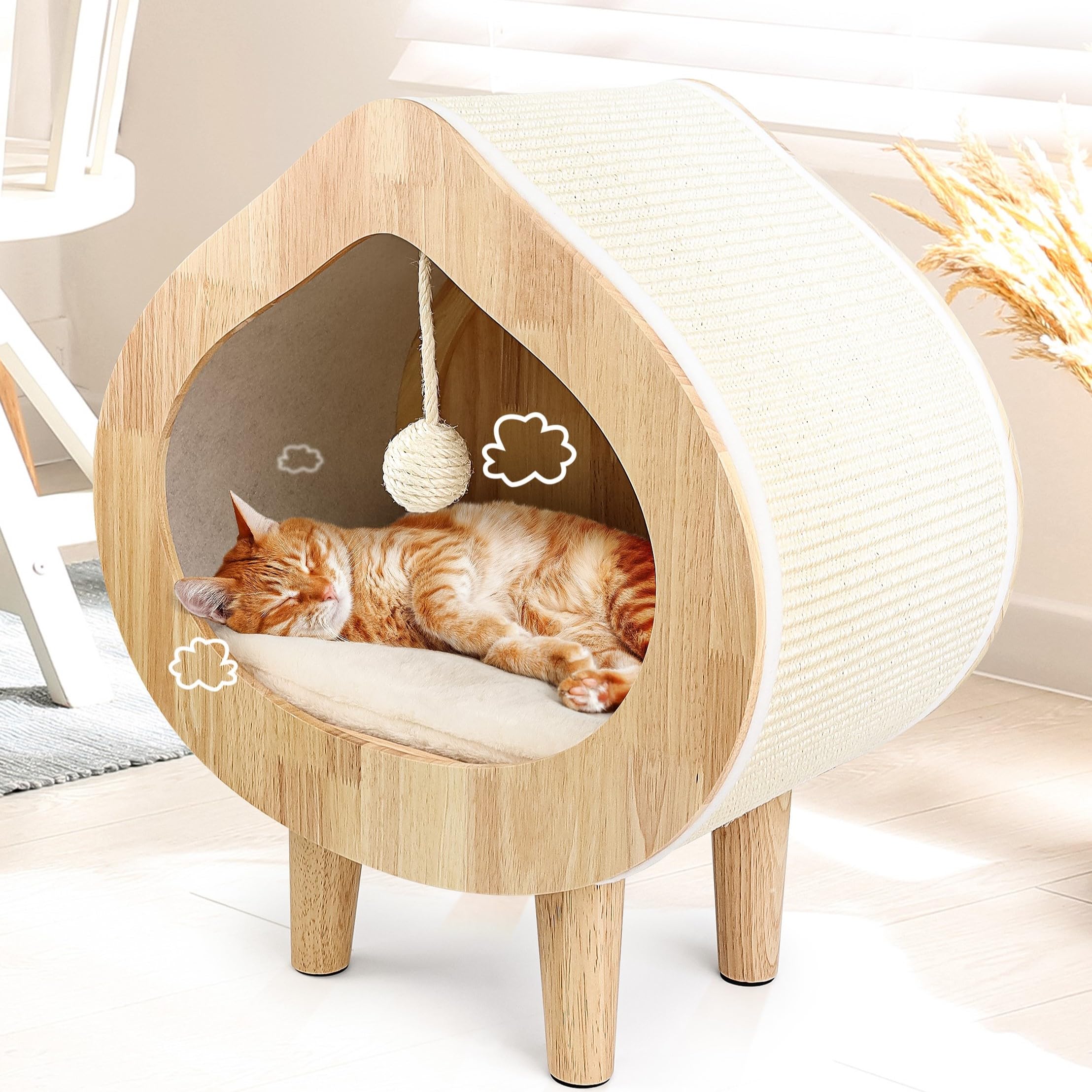 Unique Modern Cat Bed For Indoor Cats, House With Scratching Wall, Cozy Cave For Hideout, Cute Kitty Condo For Sleeping, Luxury 