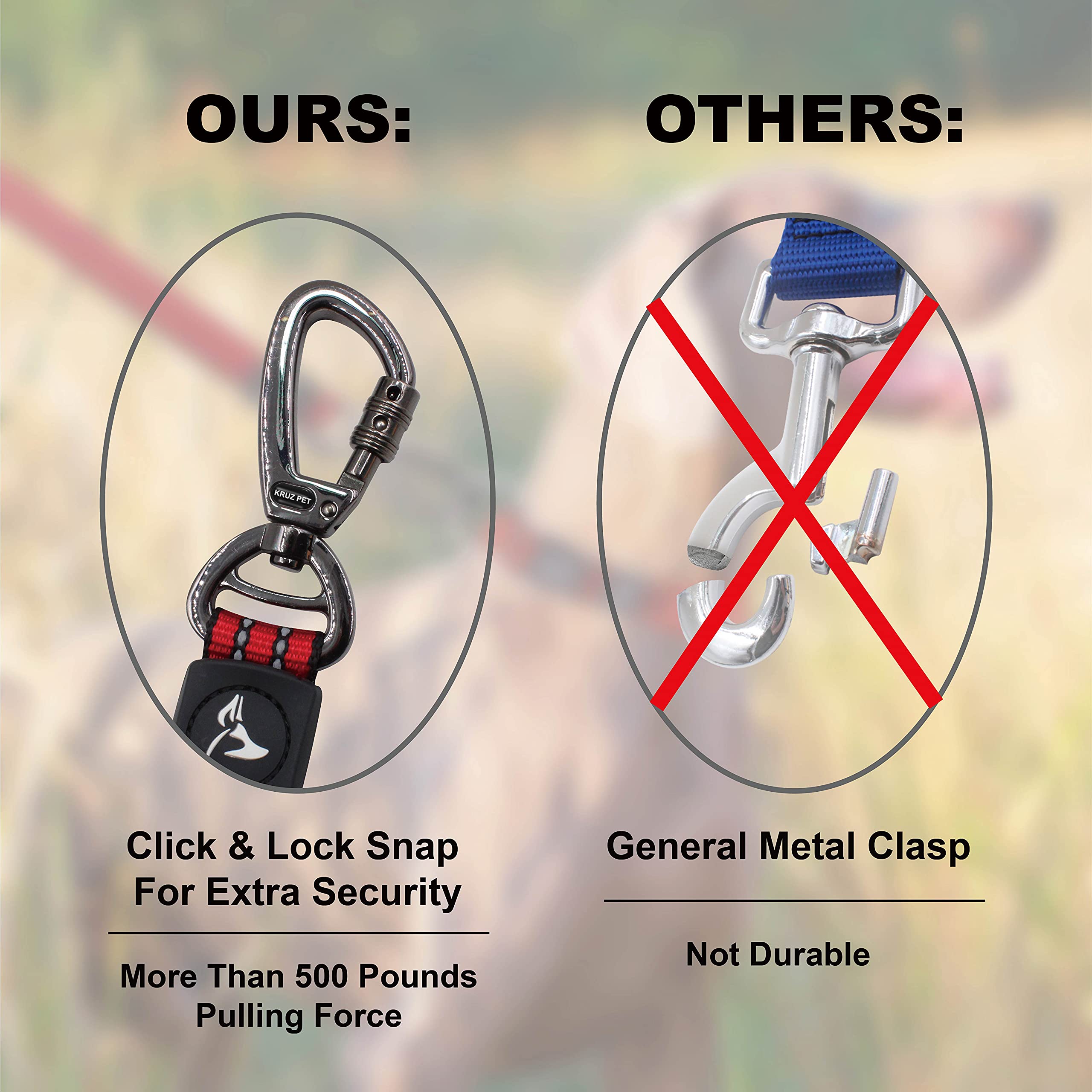 Kruz Pet 4' Long Reflective Heavy Duty Click Lock Hook Leash Strong, Secure Nylon Safety Lead With Locking Carabiner Clip - Pet