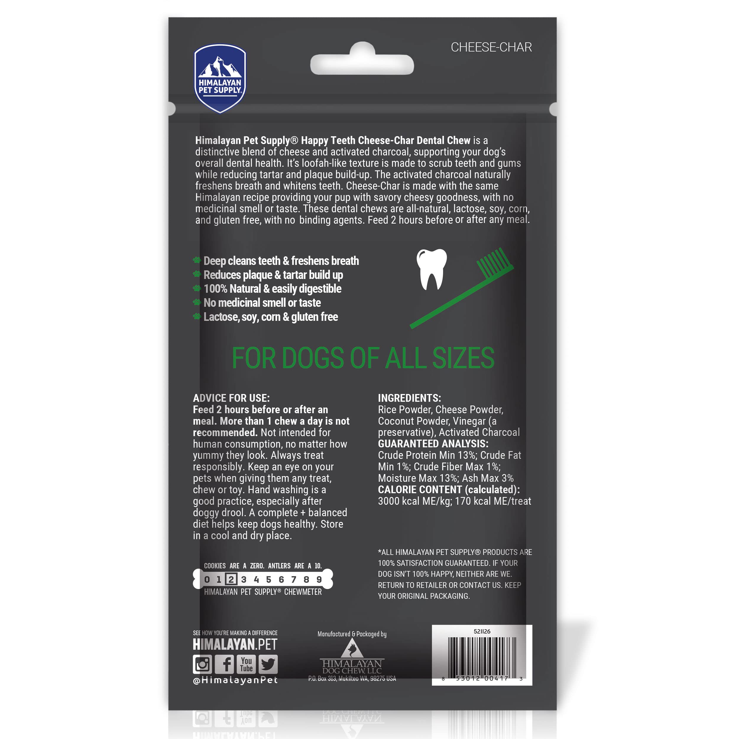 Happy Teeth Cheese & Charcoal Dental Dog Chews | Cheese Flavor With Activated Charcoal | Dental Chew | Protein Rich | Gluten Fre