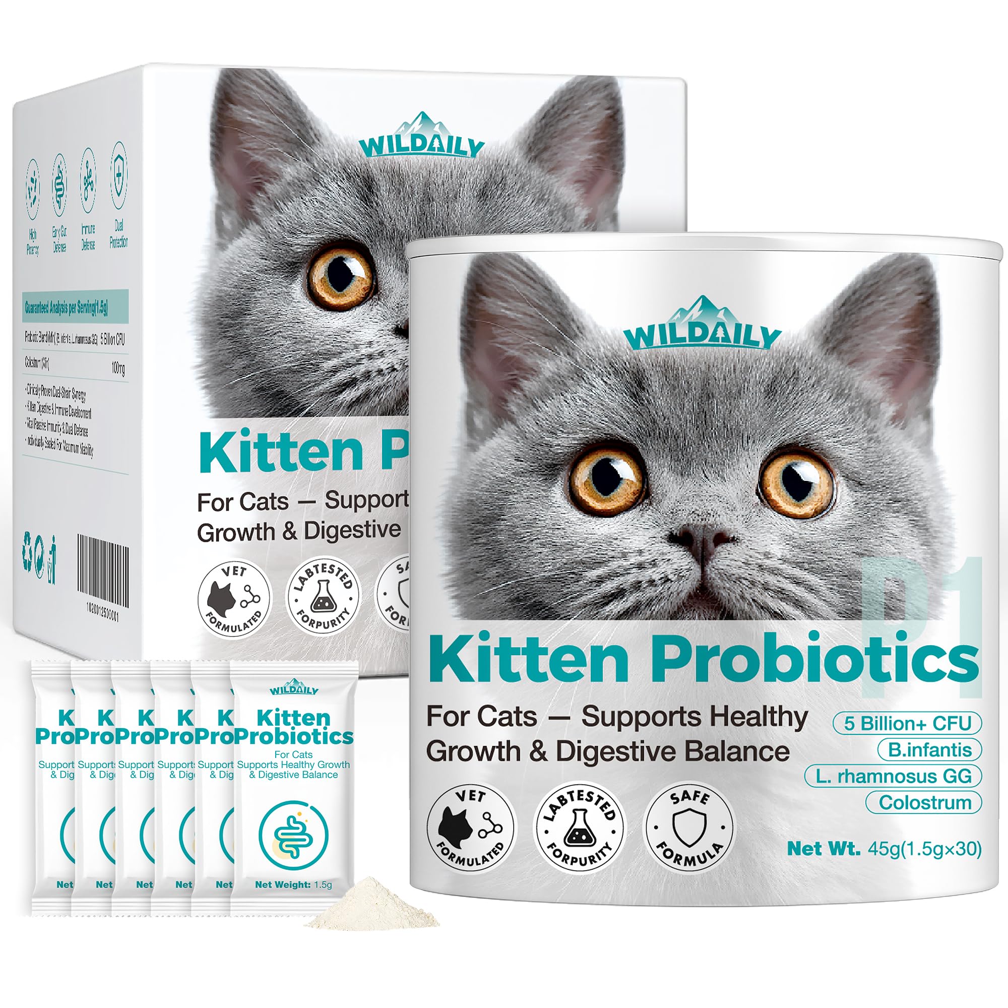 Wildaily Cat Probiotics,Veterinary-Formulated Kitten Probiotics with Colostrum - 30 Count Individual Packets,Diarrhea Relief, Im
