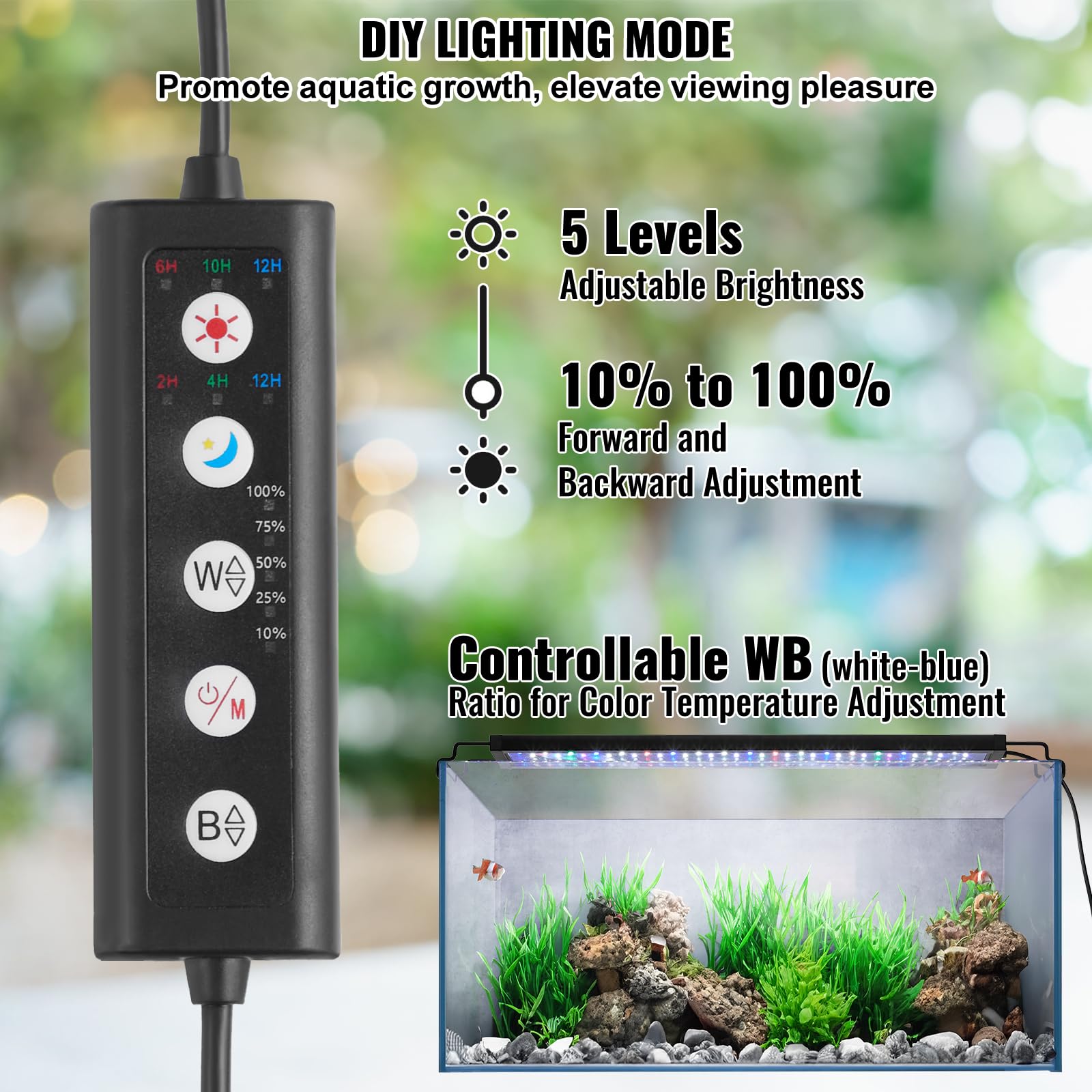 Vevor Aquarium Light, 14W Full Spectrum Fish Tank Light With 5 Levels Adjustable Brightness, Adjustable Timer And Power-Off Memo