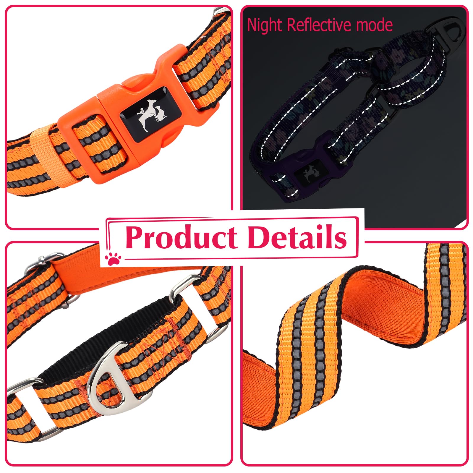 Onefojojo Martingale Dog Collars For Dogs, Reflective Nylon Dog Collar With Quick Release Buckle Adjustable Training, Walking, H