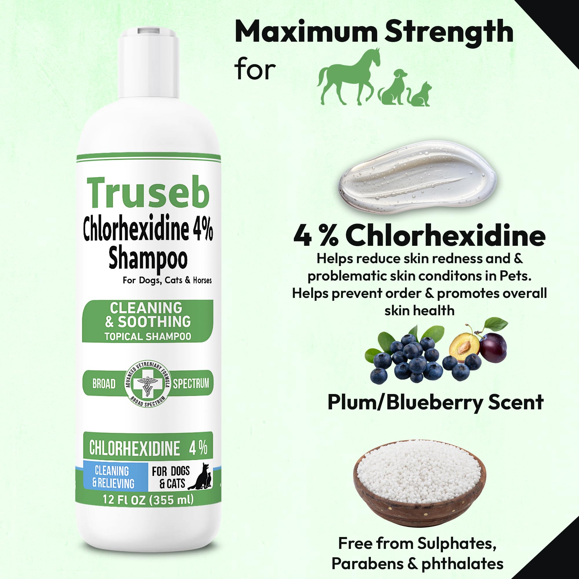 Truseb Topical Chlorhexidine 4% Shampoo For Dogs, Cats, And Horses With Plum/Blueberry Scent - 12 Oz - Made In U.S.A (Chlorhexid