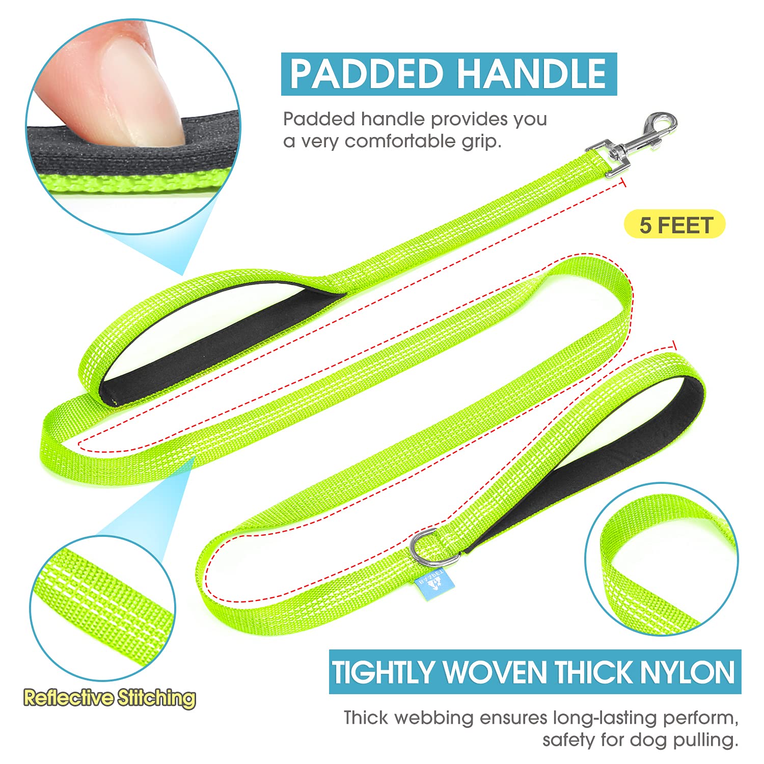 Baapet Two Handle Dog Leash, Dual Soft Padded Handles With Traffic Control Handle Leash For Small Medium Or Large Dogs (3/4' X