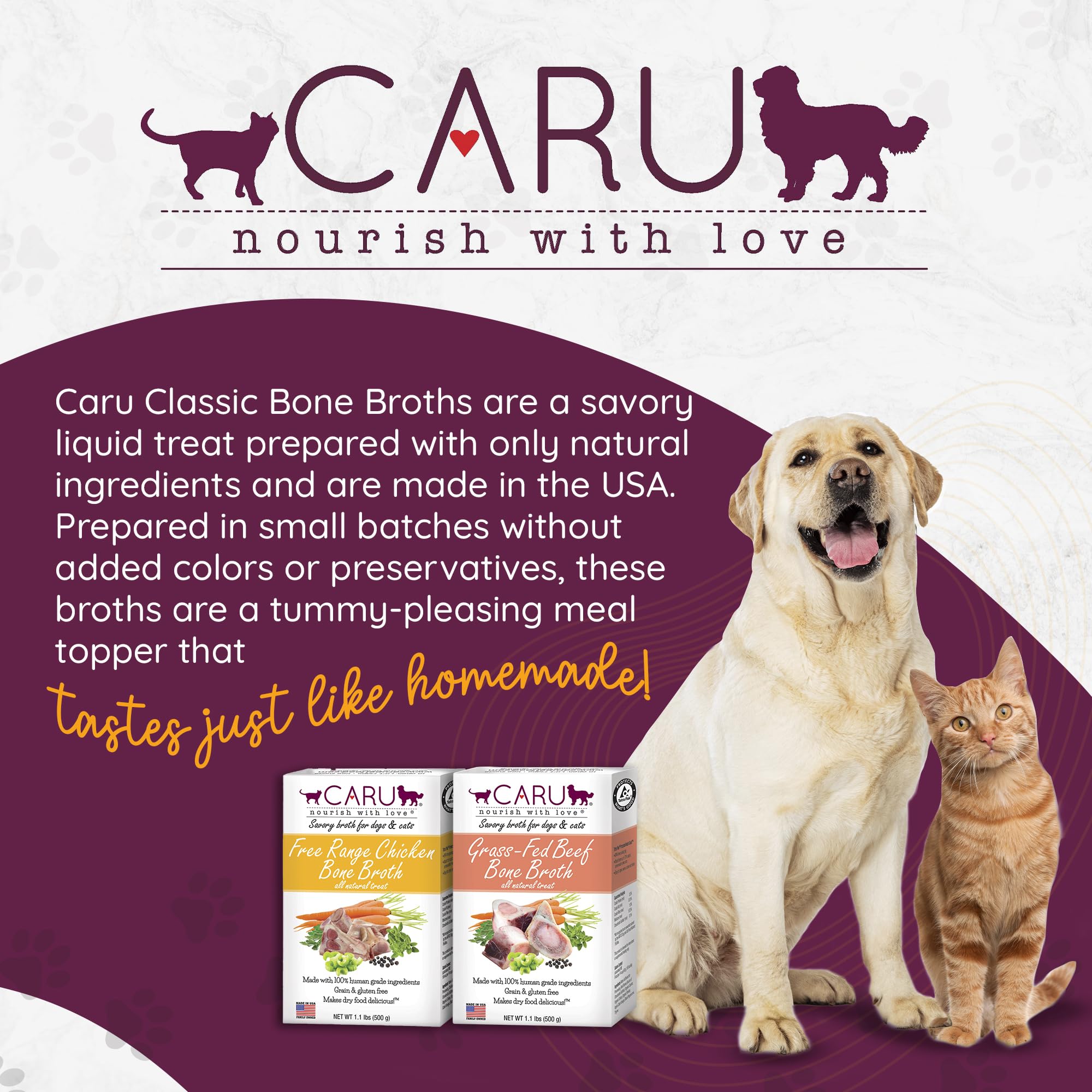 Caru - Grass-Fed Beef Bone Broth for Dogs and Cats, Moistens Dry Food or Pour Over Freeze Dried Raw Food, Grain and Gluten Free,