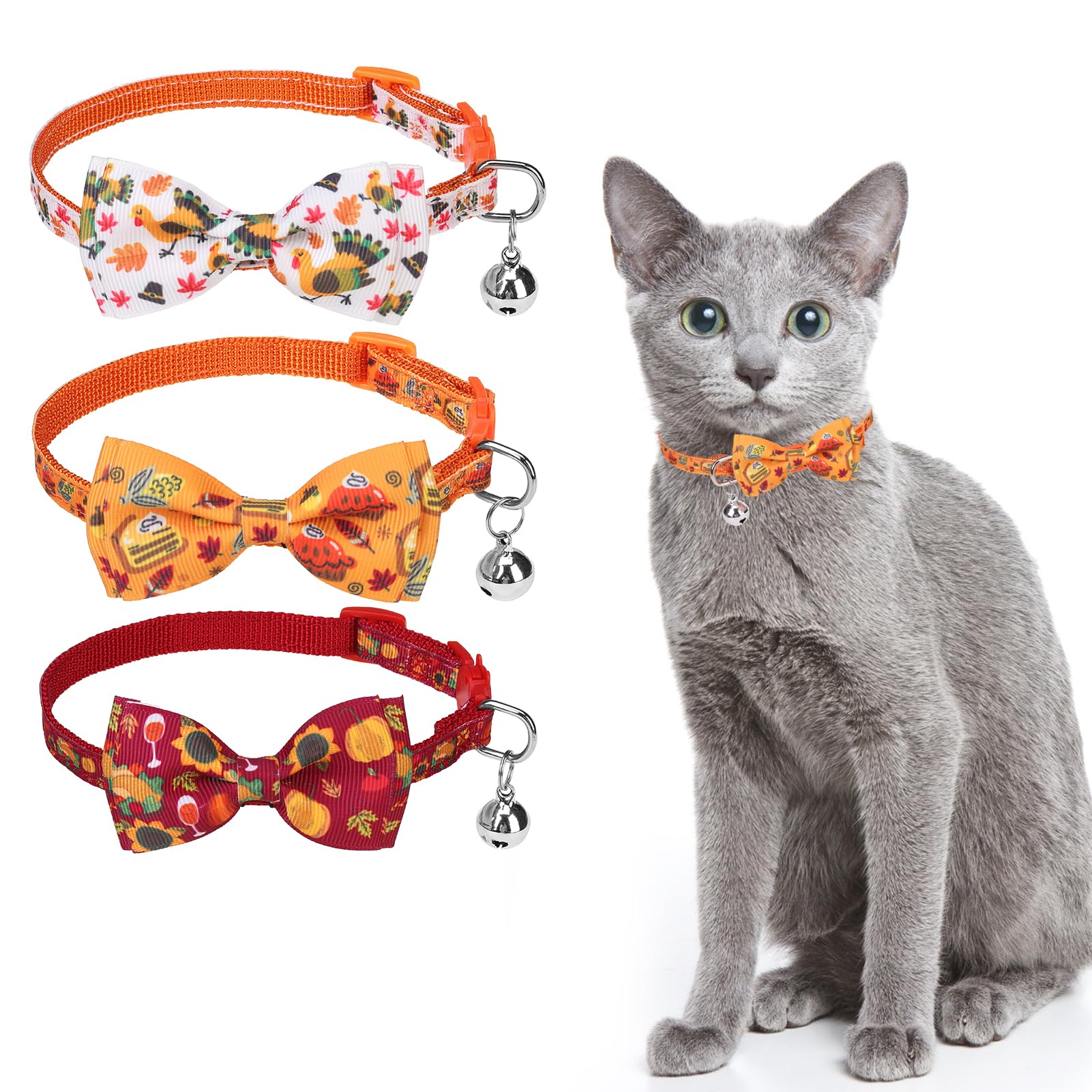 Scenereal Cat Collar Breakaway With Bell And Bowtie - 3 Pack Cute Holiday Cat Collars- Maple And Pine Cone Fall Kitten Collar Ad