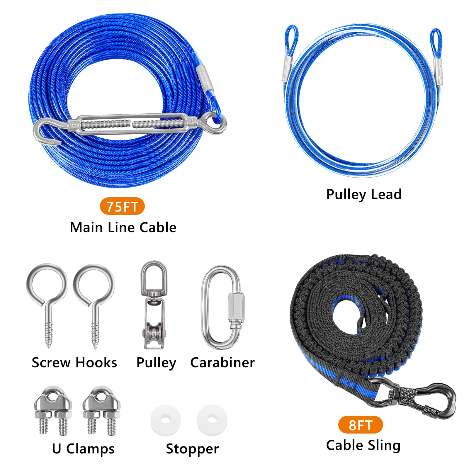 XiaZ Dog Tie Out Cable, 75ft Dog Trolley Runner Cable for Dogs up to 250lbs, Dog Lead for Yard, Camping, Outdoor, with 8 Ft Nylo