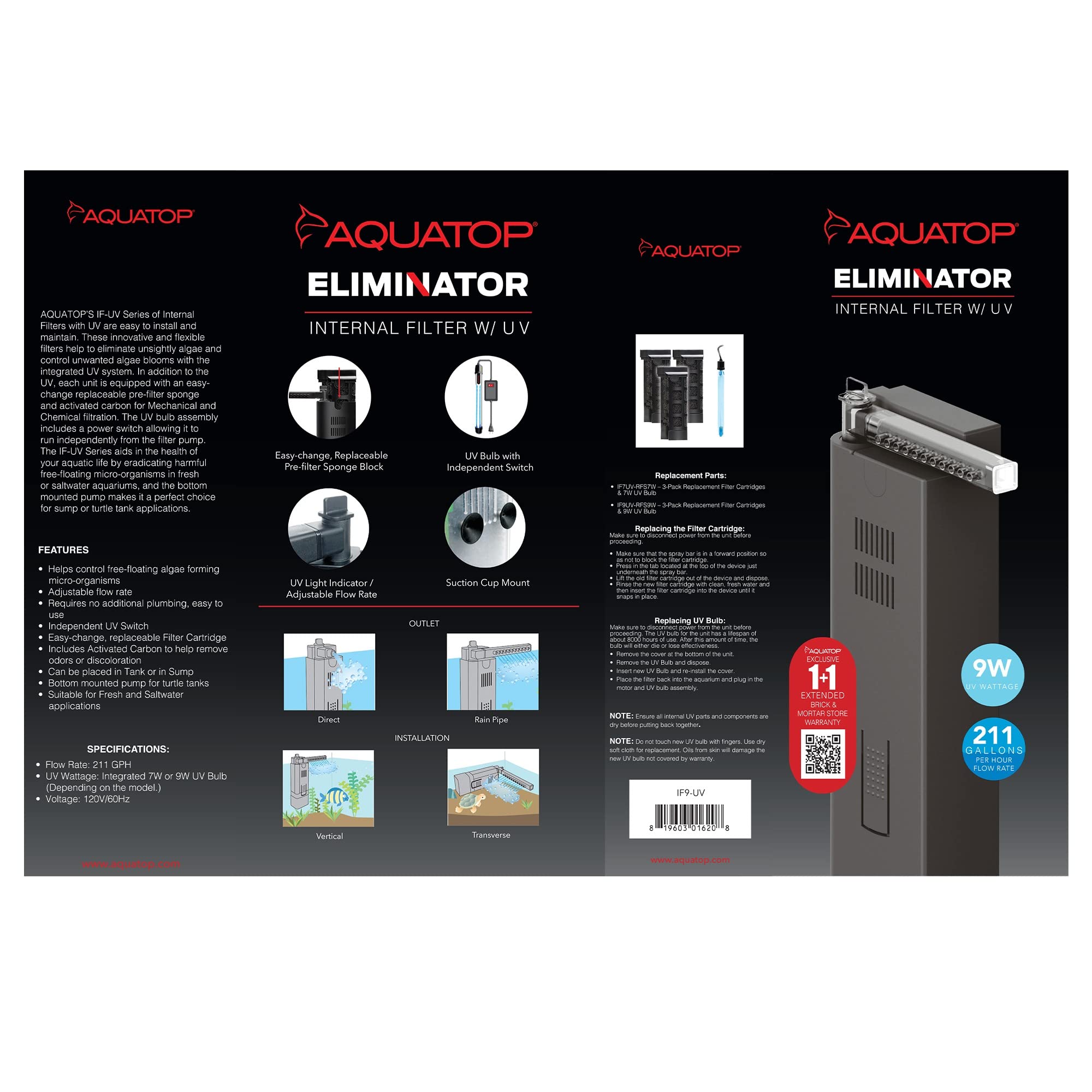 Aquatop 211 Gph Slim Internal Filter With 9W Uv Light - Uv For Crystal Clear Water, Fresh & Saltwater Use, Innovative Aquarium F