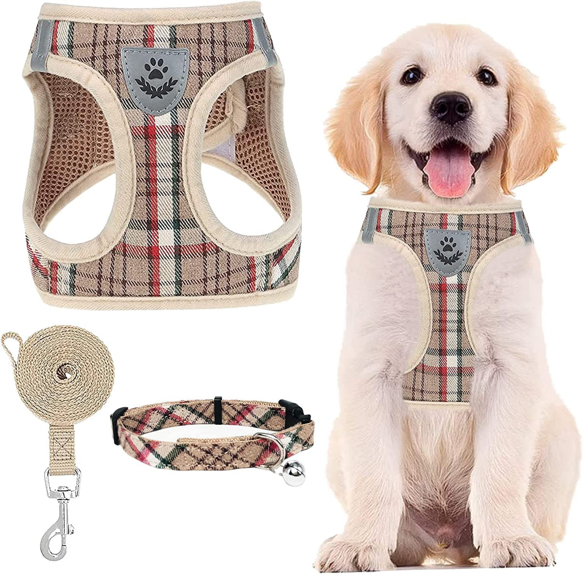 Pupteck Adjustable Dog Harness Collar And Leash Set Step In No Pull Pet Harness For Small Medium Dogs Puppy And Cats Outdoor Walking Running, Soft Mesh Padded Reflective Vest Harnesses, Khaki S