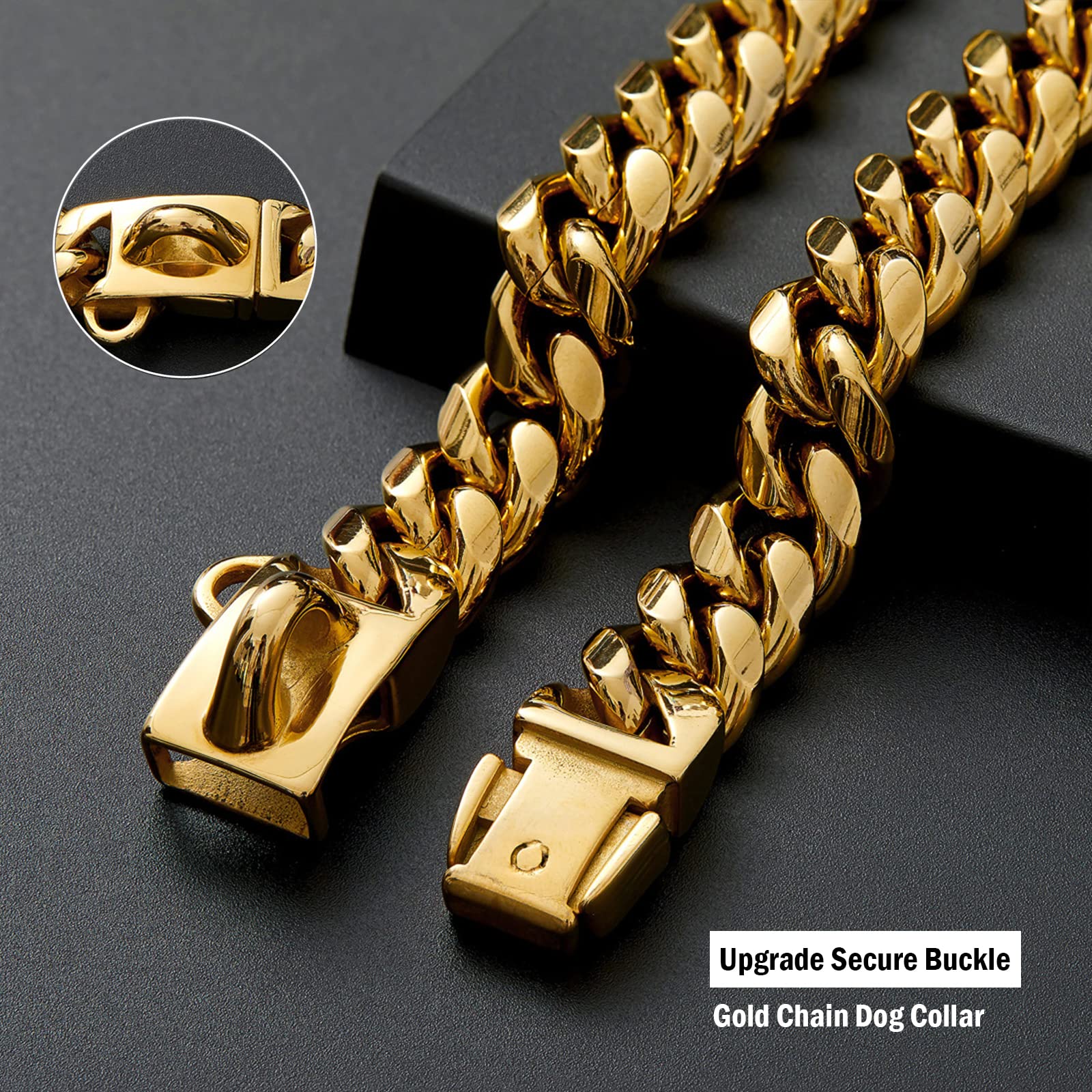 Strong Stainless Steel Gold Dog Chain Collar with Safety Buckle,14MM Cuban Link Chain Training Collar,Dog Necklace Walking Colla