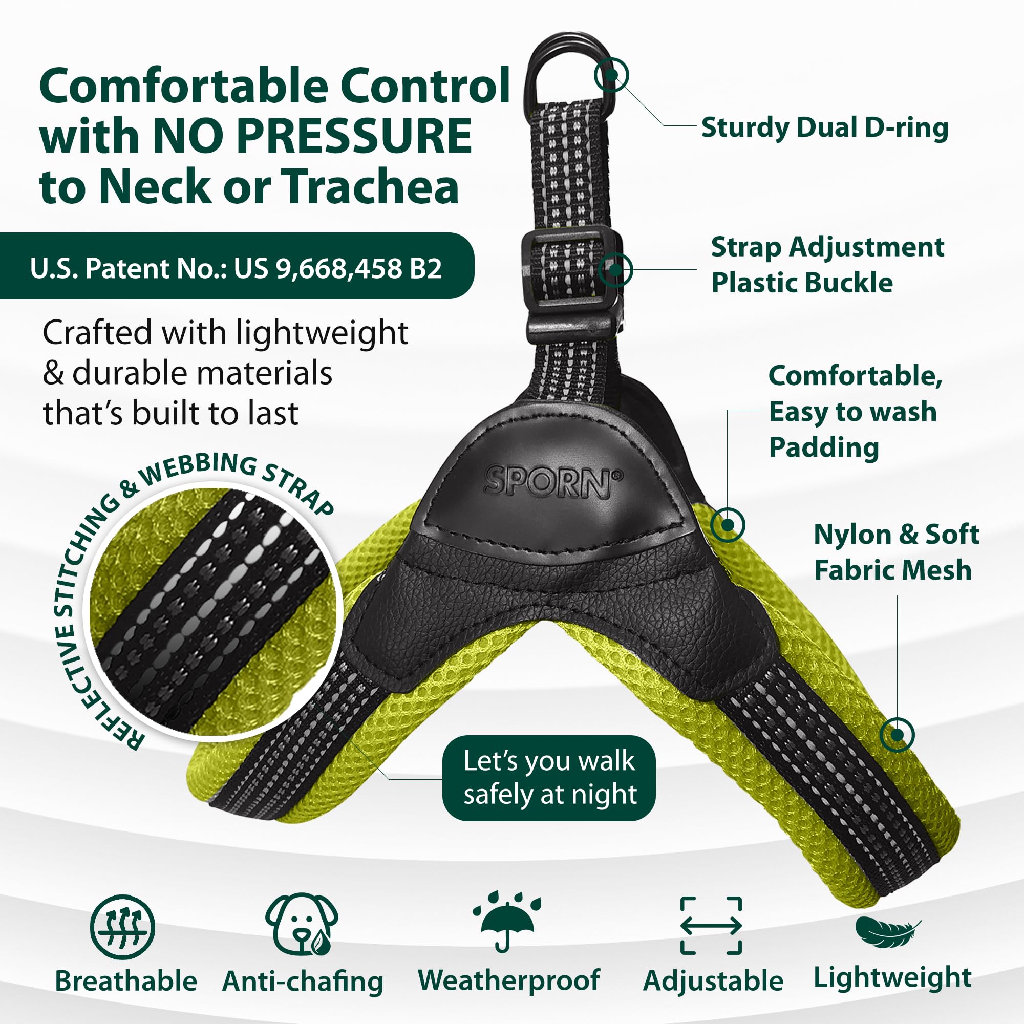 Sporn Medium Dog Harness, Yellow, Easy-Fit Mesh, No-Choke, Reflective, Lightweight, Durable, Hand-Washable, For Medium Breeds