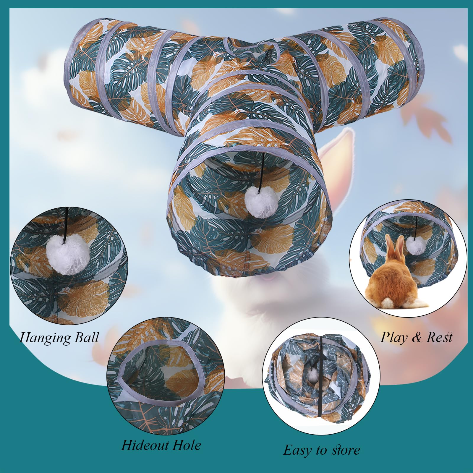 Grddaef Bunny Tunnel, Collapsible 3 Way Rabbit Tunnel And Tubes With Small Animal Hideout Chew Toys For Rabbit Guinea Pig Ferret