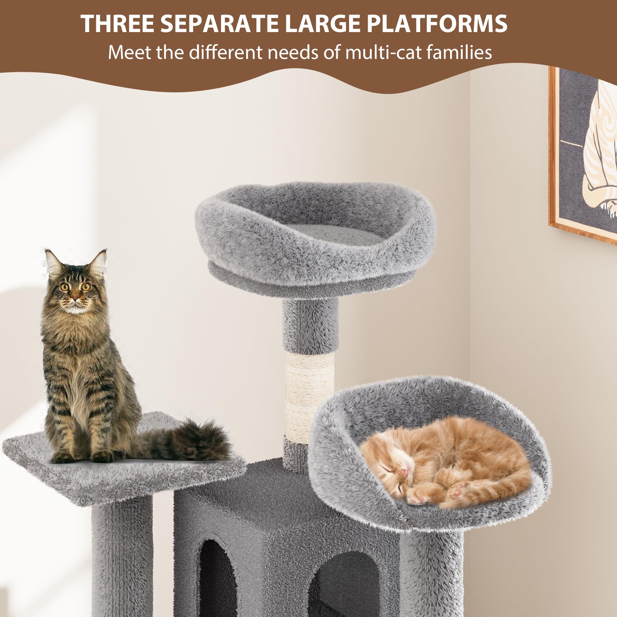 Cat Tree, Tall Cat Tower Condo For Indoor Large Cats, Cat House Furniture With Padded Plush Perch Sisal Scratching Posts (Grey,