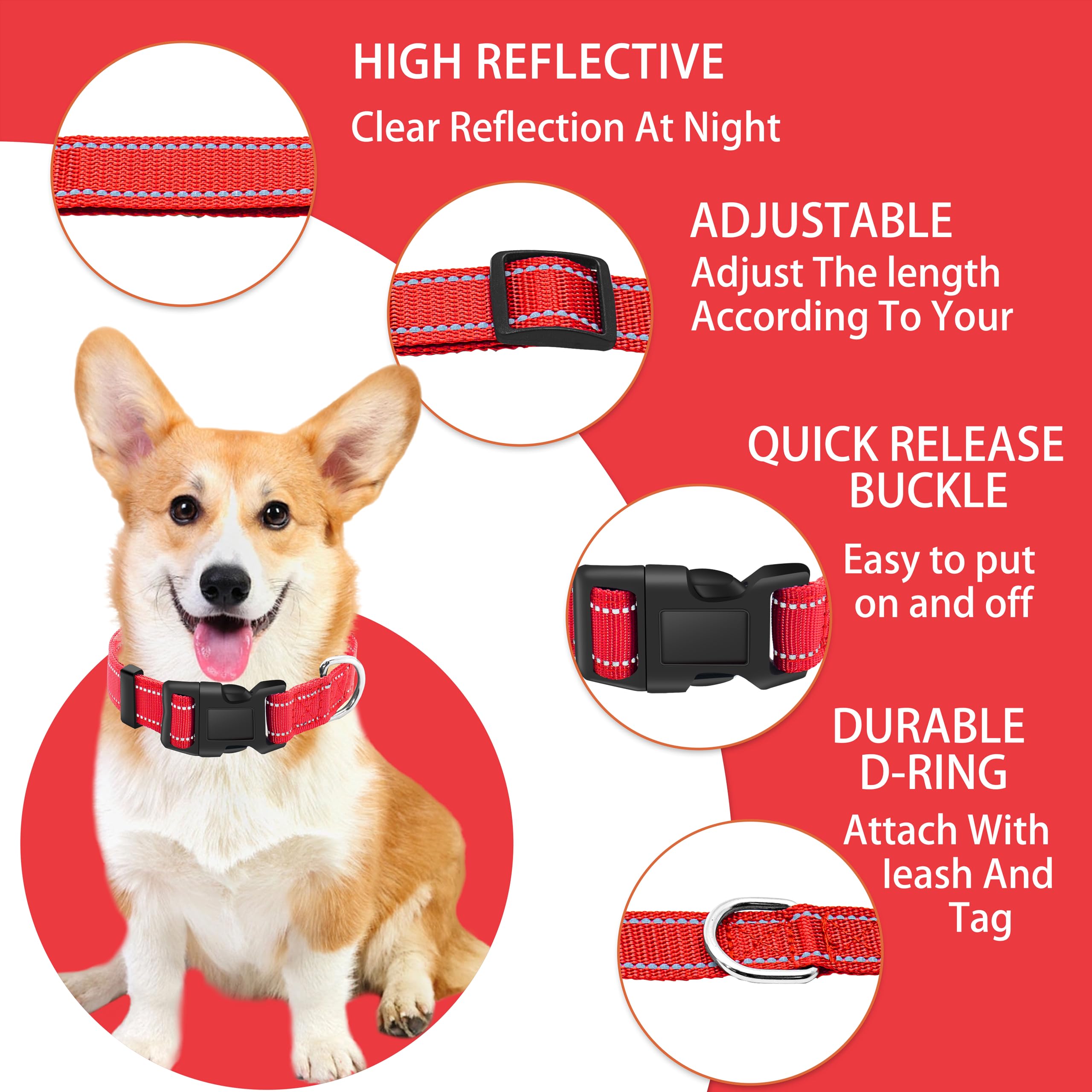 Maiiu Reflective Dog Collar With Safety Locking Buckle, Adjustable Soft Breathable Nylon Collars For Small, Medium And Large Dog