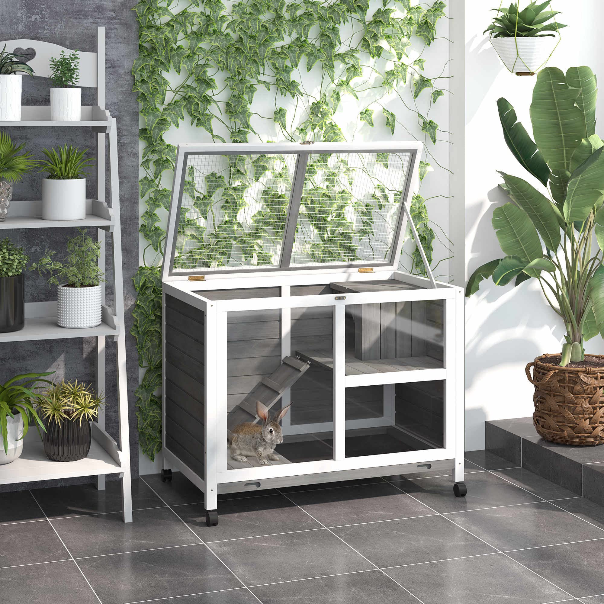 Pawhut Indoor Rabbit Hutch With Wheels, Desk And Side Table Sized, Wood Rabbit Cage, Waterproof Small Rabbit Cage, Gray