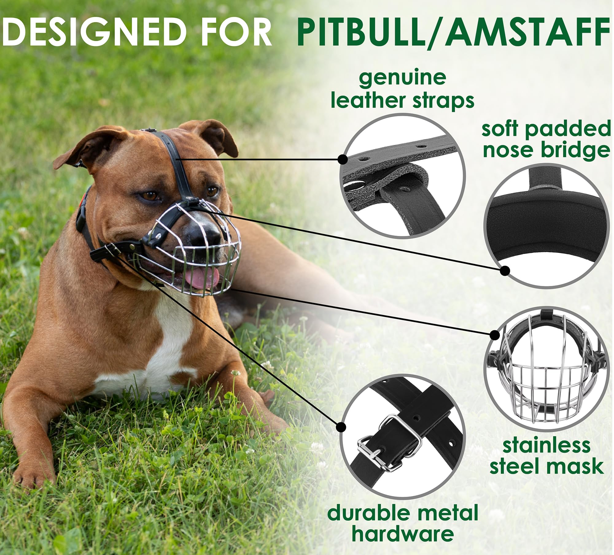 BRONZEDOG Pitbull Dog Muzzle Metal Mask Amstaff Wire Basket Pit Bull Adjustable Leather Straps for Large Dogs (Brown)