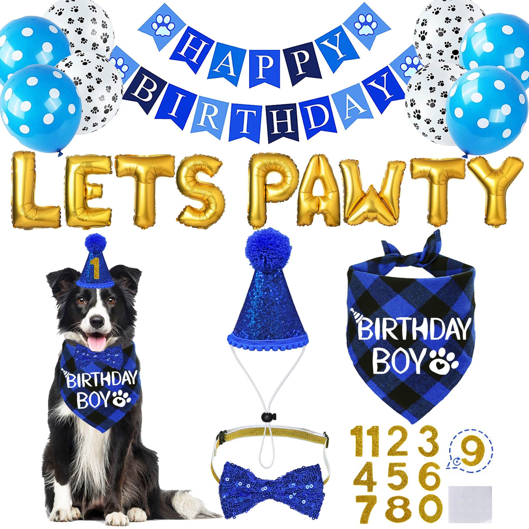 Stmk Dog Birthday Party Supplies, Multi Sizes Dog Birthday Bandana Boy Dog Birthday Hat With Numbers Bow Tie Birthday Banner Let
