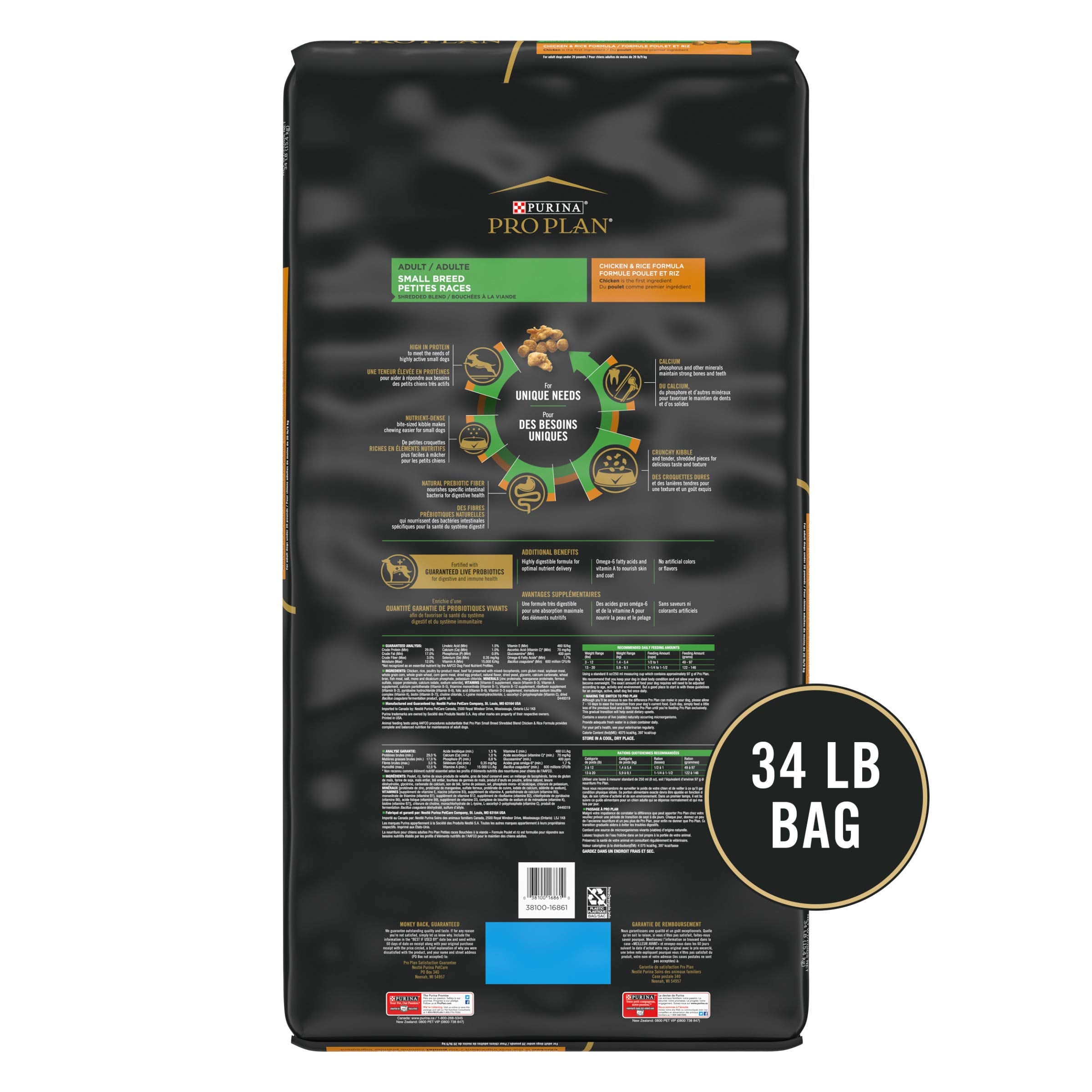 Purina Pro Plan Small Breed Dog Food Shredded Blend Chicken and Rice Formula With Guaranteed Live Probiotics - 34 lb. Bag
