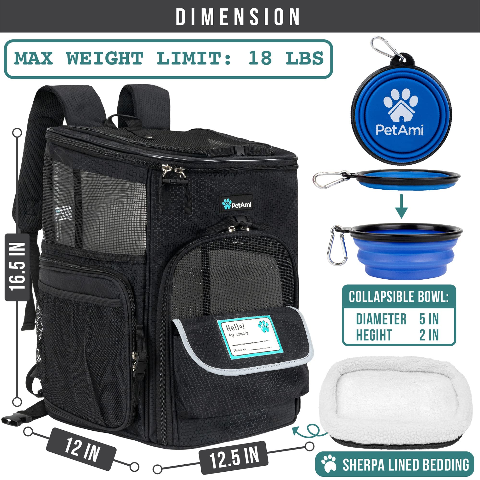 Petami Dog Backpack Carrier, Airline Approved Cat Backpacks For Carrying Small Large Cats, Pet Carrier Back Pack, Ventilated Soft Sided Dog Cat Bookbag For Travel, Hiking, Camping, Black