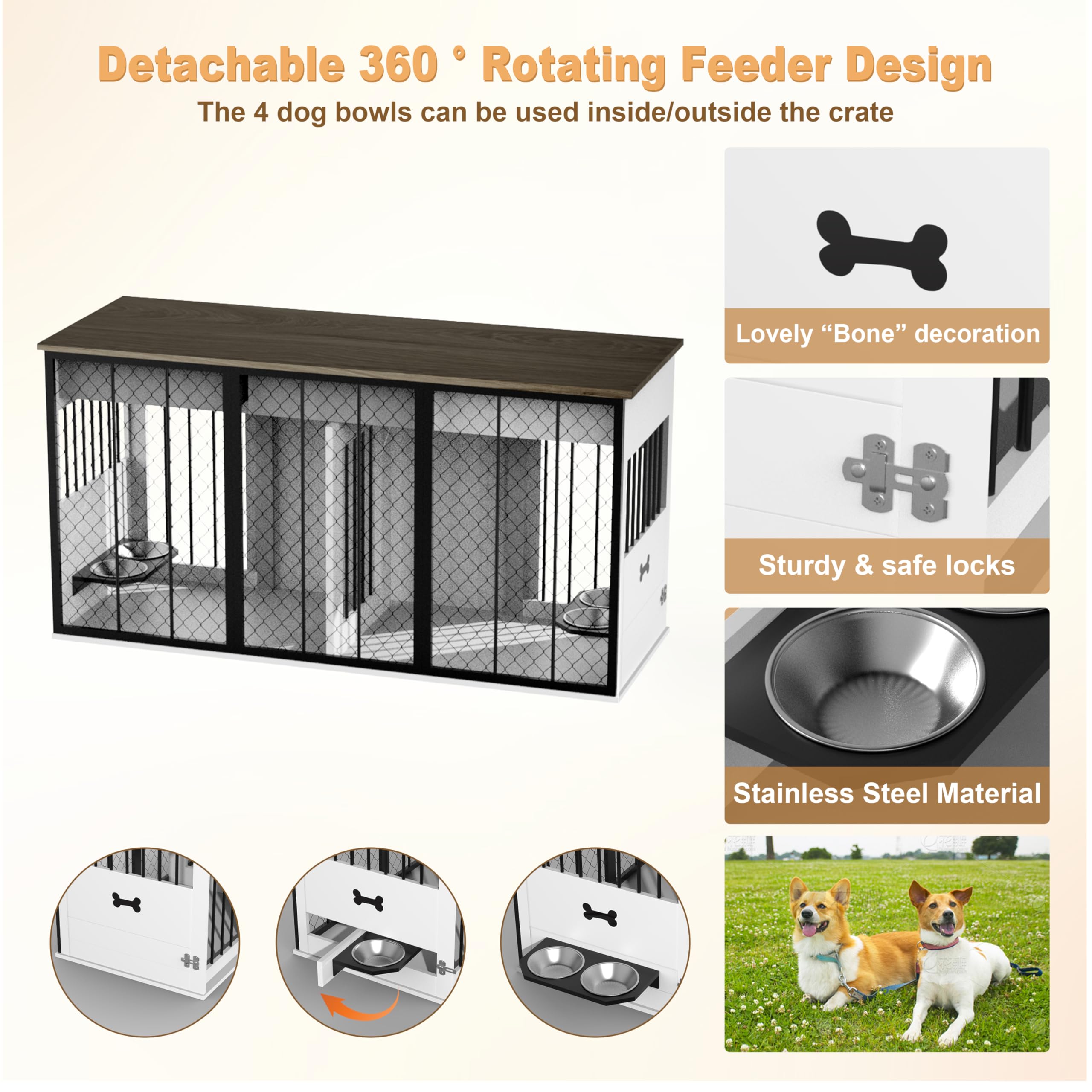 RQZ 65 Double Dog Crate Furniture for 2 Dogs Heavy Duty Wood Dog Cage Table with 3 Storage Drawers and 4 Stainless Steel Bowls D
