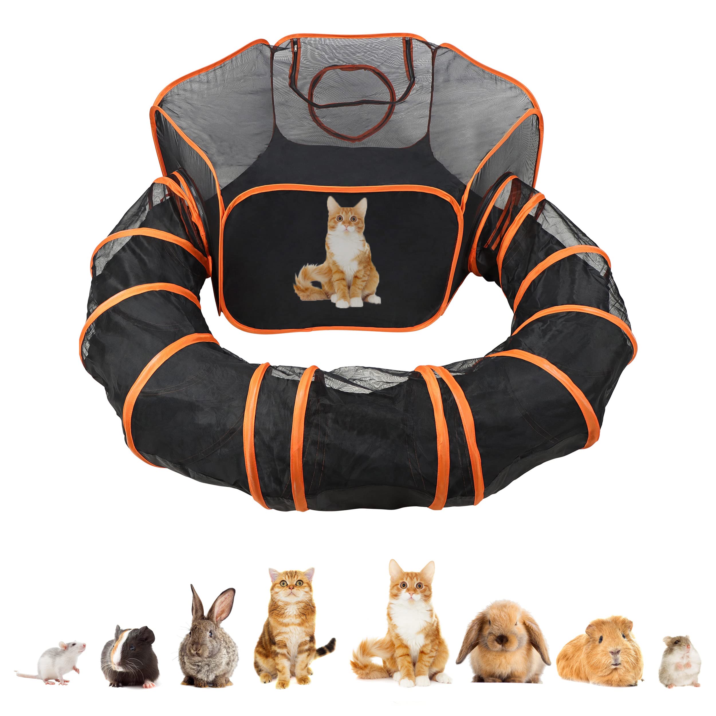 Mimu Dog Playpen Indoor Outdoor 4 Foot Cat Tent With Exercise Tunnel - Orange Pop Up Travel Playpen For Puppies, Kittens, Rabbit