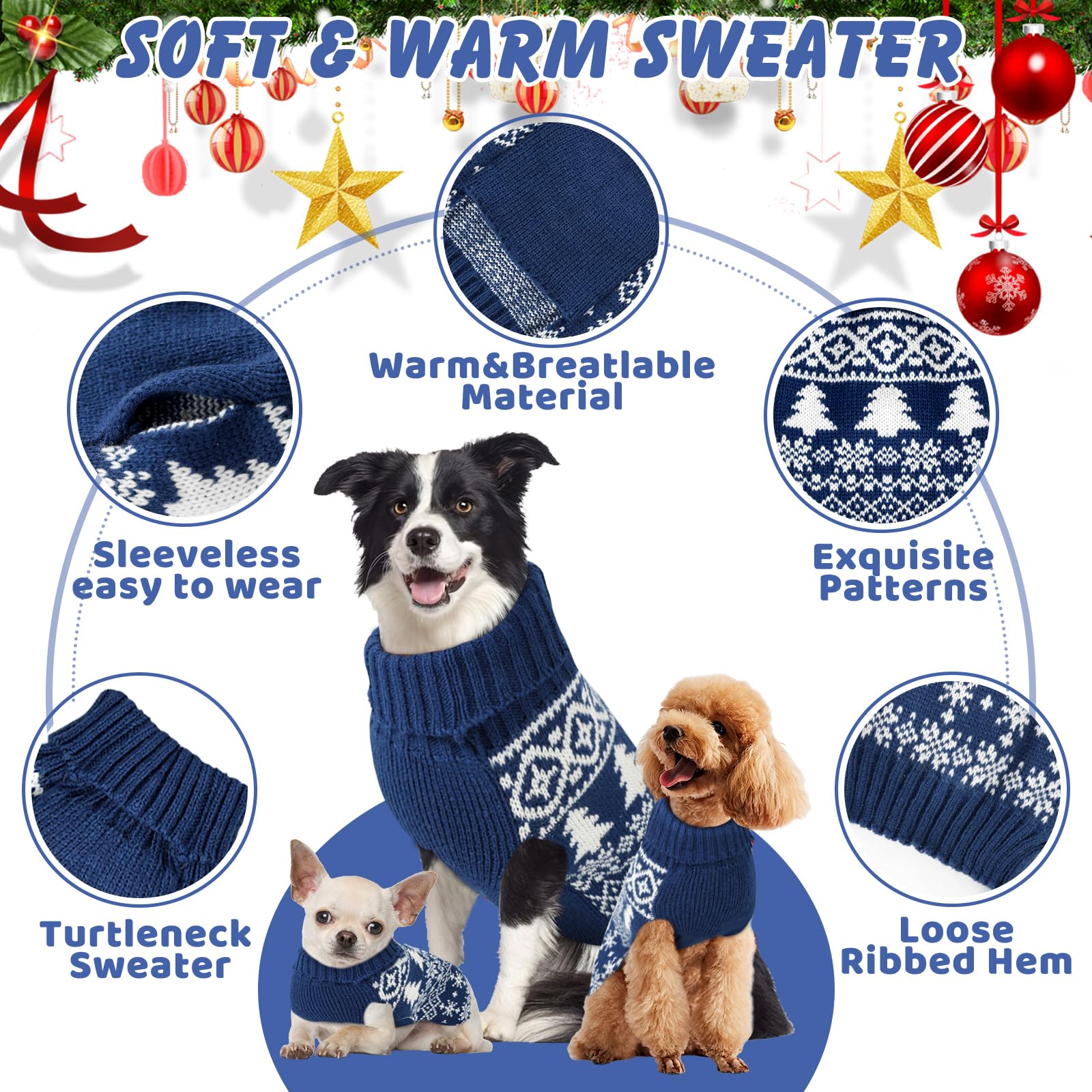 Christmas Dog Sweaters & Shirts - Soft Warm Turtleneck For Small To Large Dogs, Double Knit Collar For Outdoors, Blue, Xxs