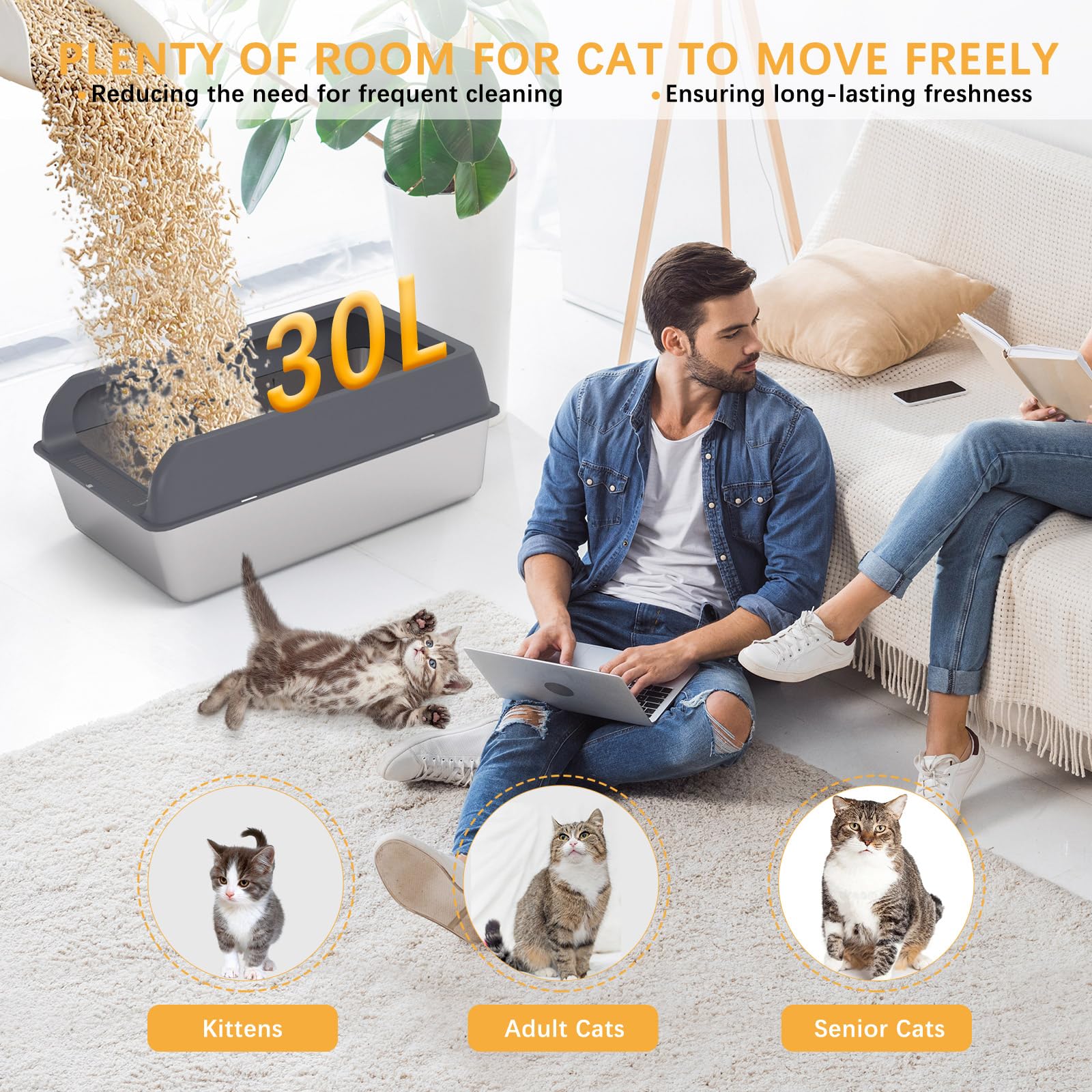 Topmart Stainless Steel Cat Litter Box With Lid, Xl Extra Large Enclosed Litter Box For Big Cats,Kittens, Easy To Clean, Built-I