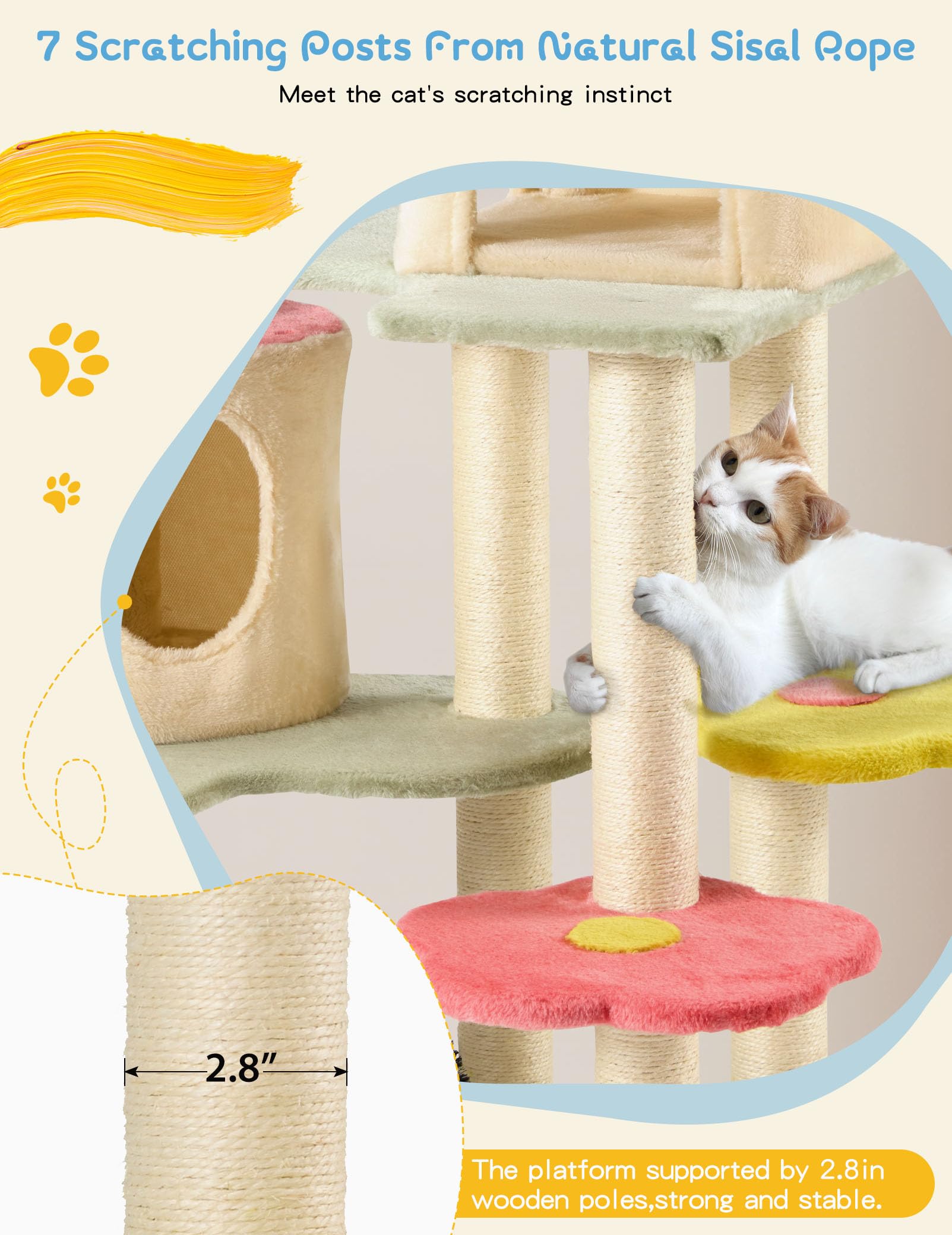 Flower Cat Tree Tower, 59 Inches Cute Cat Tree For Indoor Cats W/Sisal Covered Cat Scratching Posts Stand Cozy Condo, Sturdy Pad