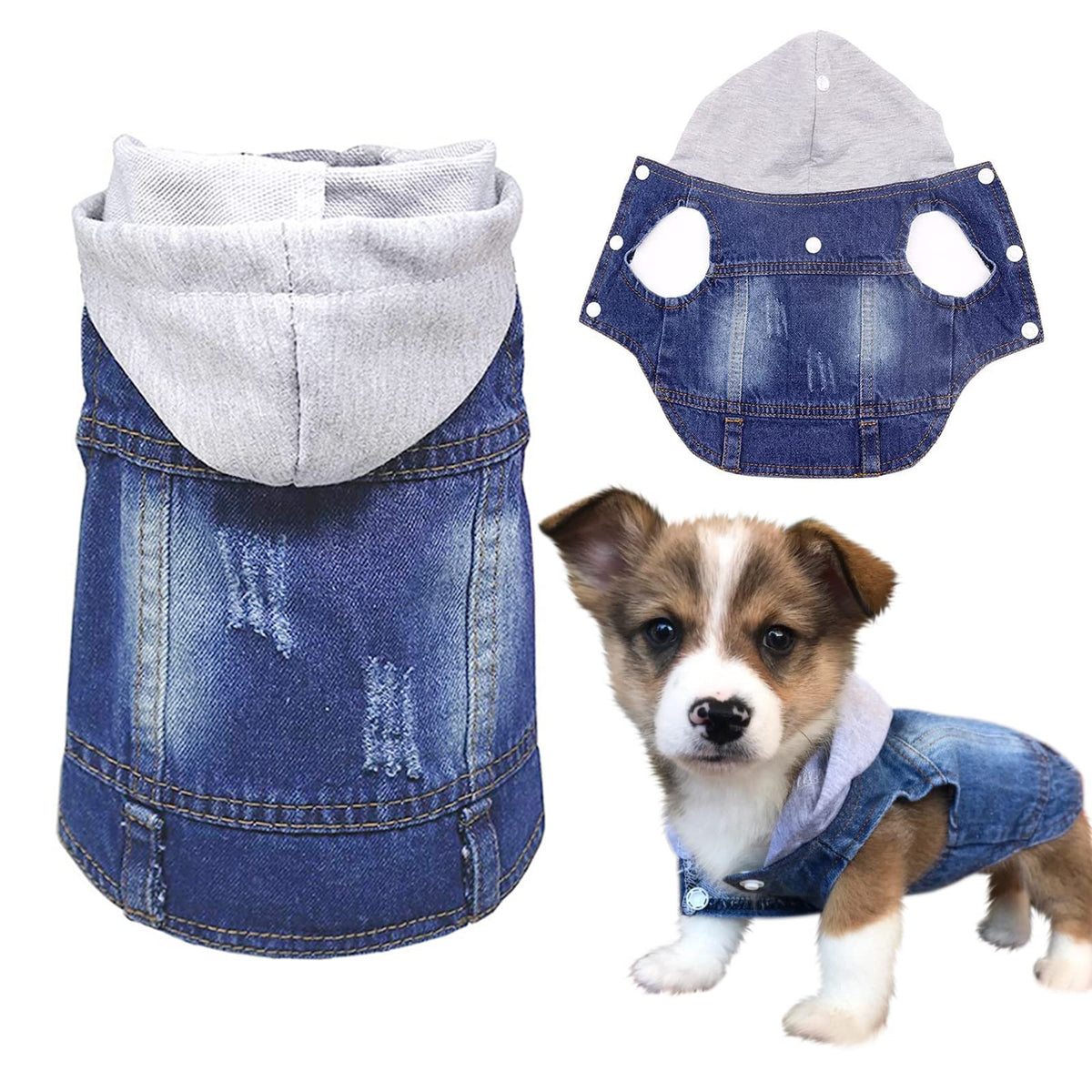 Sild Pet Clothes Dog Jeans Jacket Cool Blue Denim Coat Small Medium Dogs Lapel Vests Classic Hoodies Puppy Blue Vintage Washed Clothes (Grey,M)