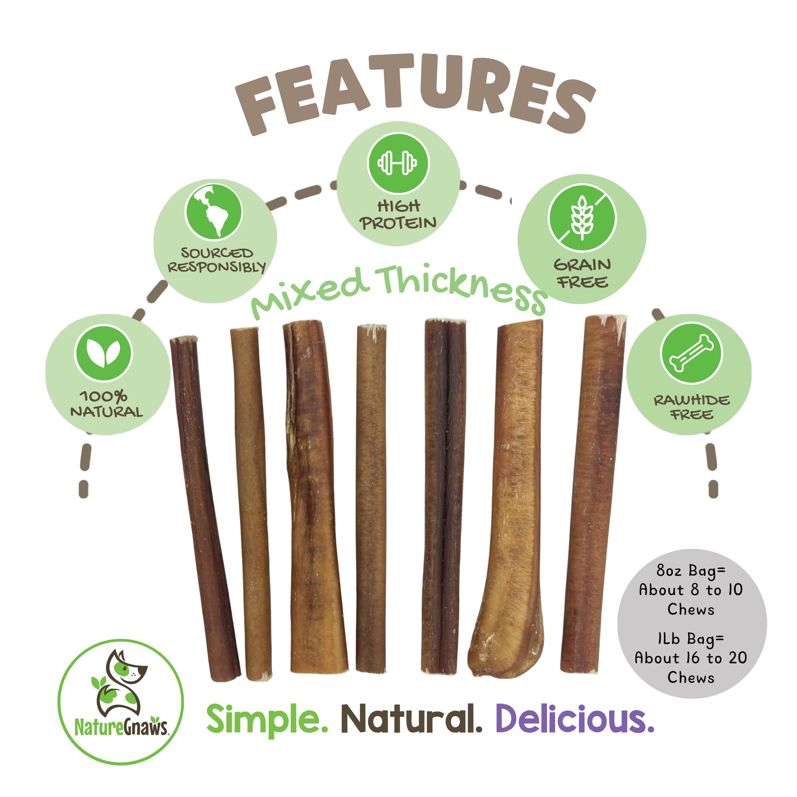 Nature Gnaws Bully Sticks for Dogs 5-6 (8oz) - Mixed Thickness - Long Lasting for Aggressive Chewers and Large Dogs - Natural Be
