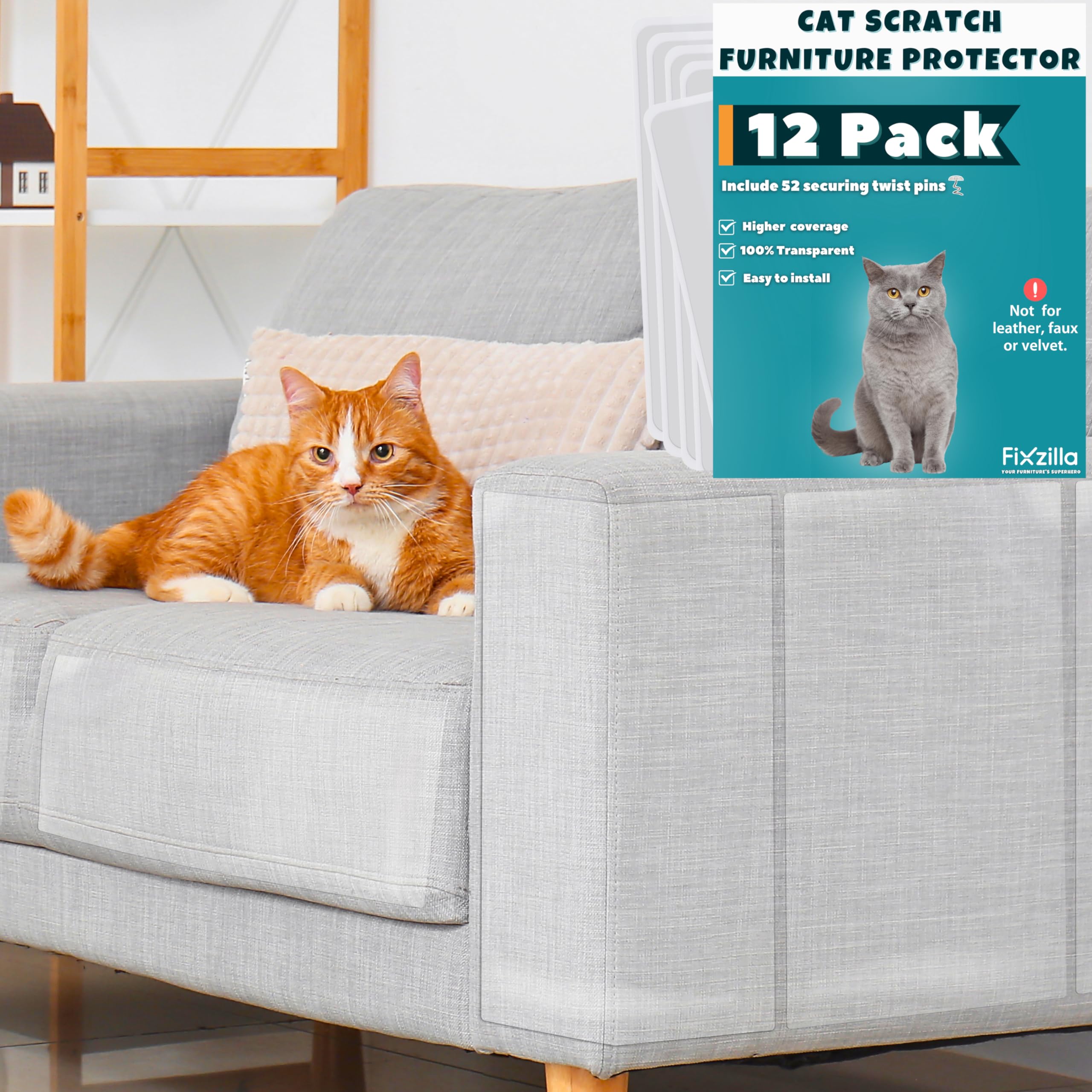 Fixzilla Anti Cat Scratch Furniture Protector, 12-Pack Couch Protector From Cat Claws - Heavy-Duty, Easy-To-Apply Scratching Det